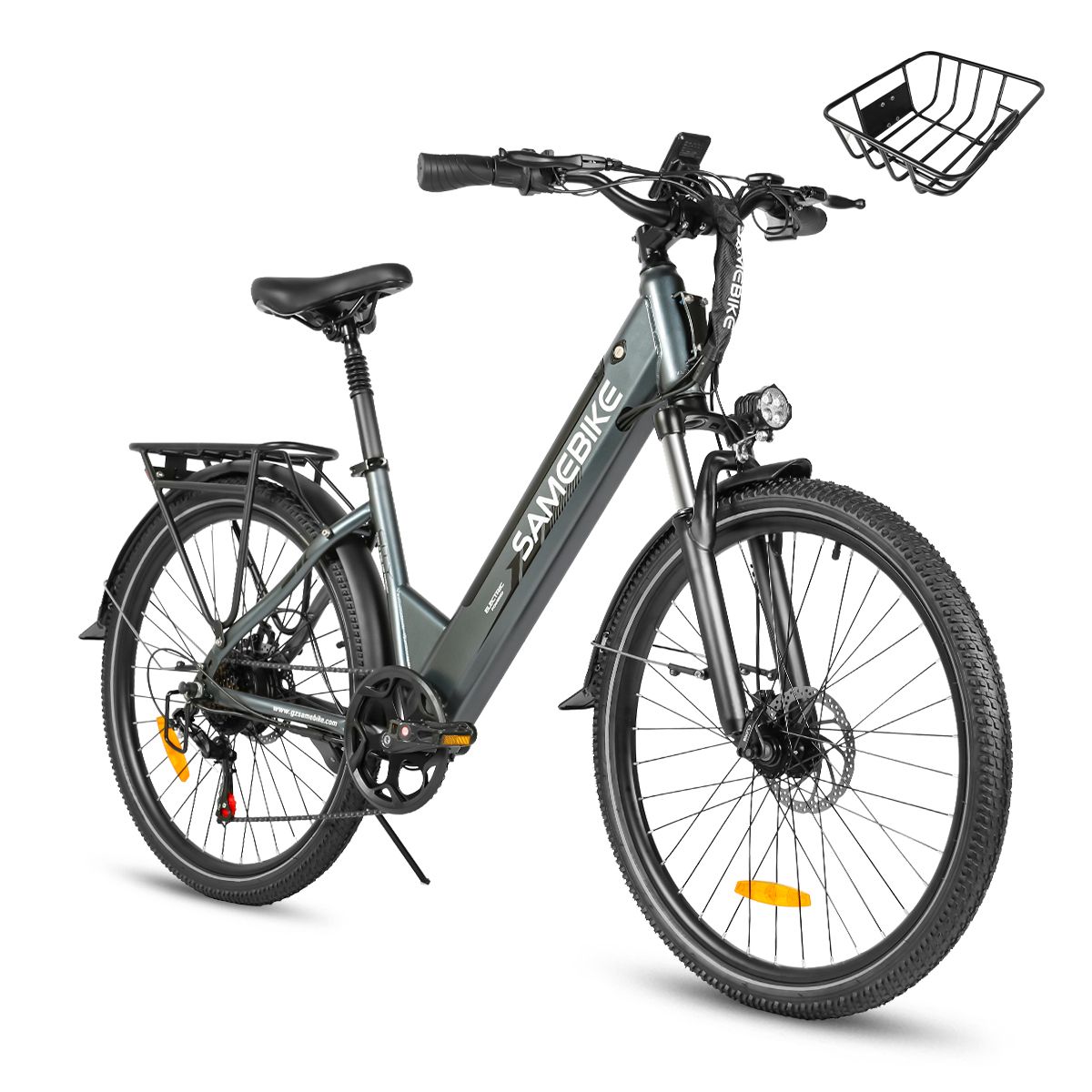 Vélo électrique SAMEBIKE RS-A01 Pro-T gris. Panier, porte-bagages, garde-boue. Pneus, selle, guidon noirs. Phare avant.