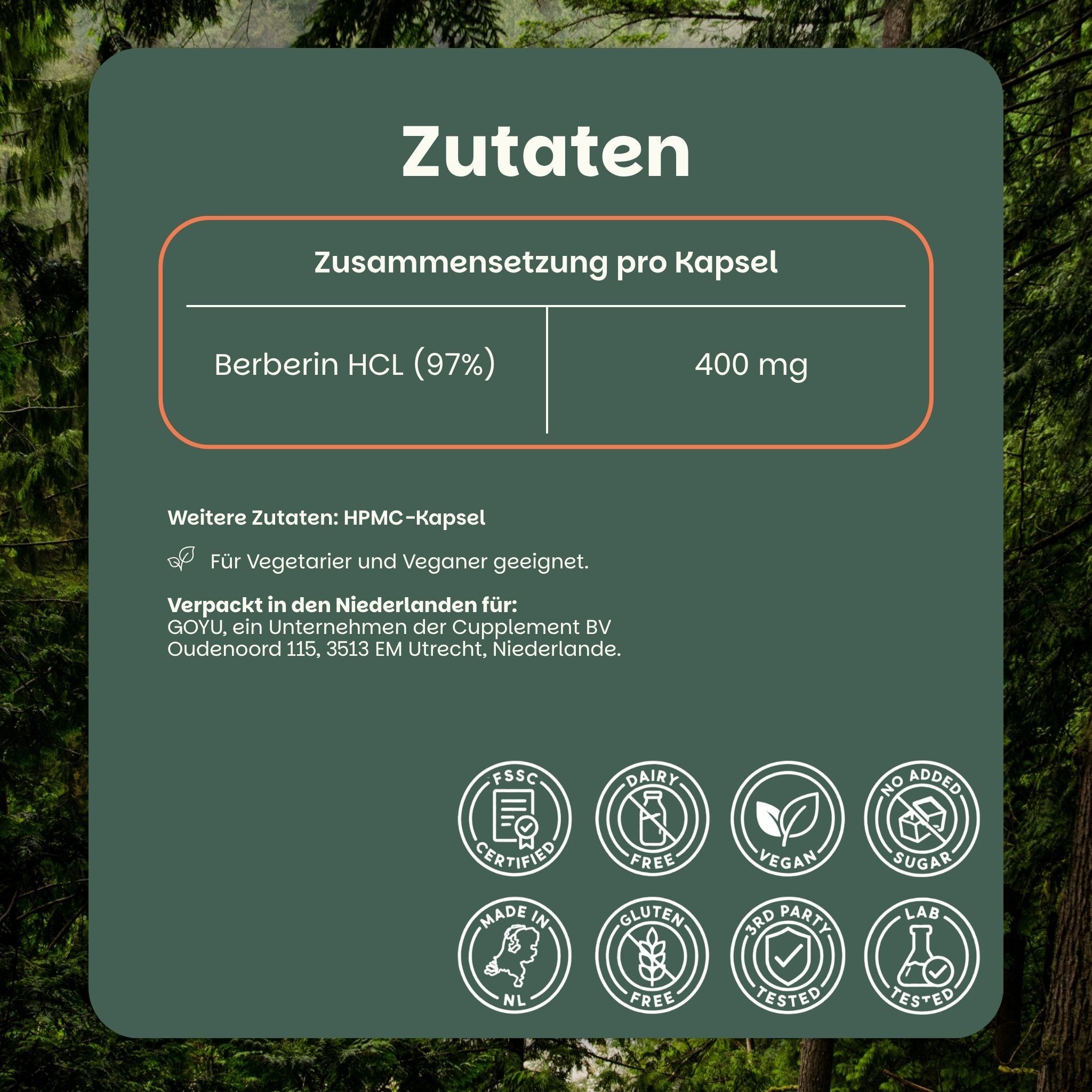 Ingrediëntenoverzicht Berberine HCL capsules: 400 mg Berberine HCL (97%) per capsule. Bevat HPMC-capsule.