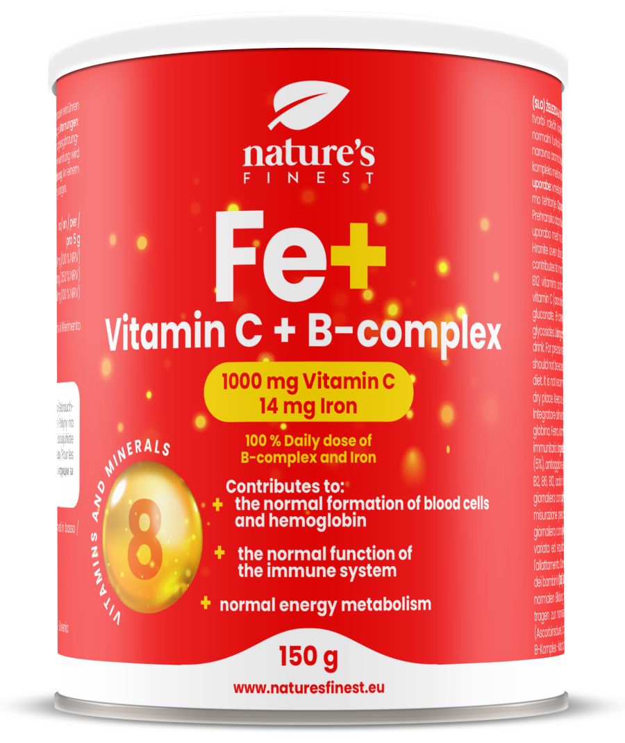 Boîte rouge "Nature's Finest Fe+ Vitamine C + B-Complexe". Contient 1000 mg vitamine C et 14 mg fer. 150 g.
