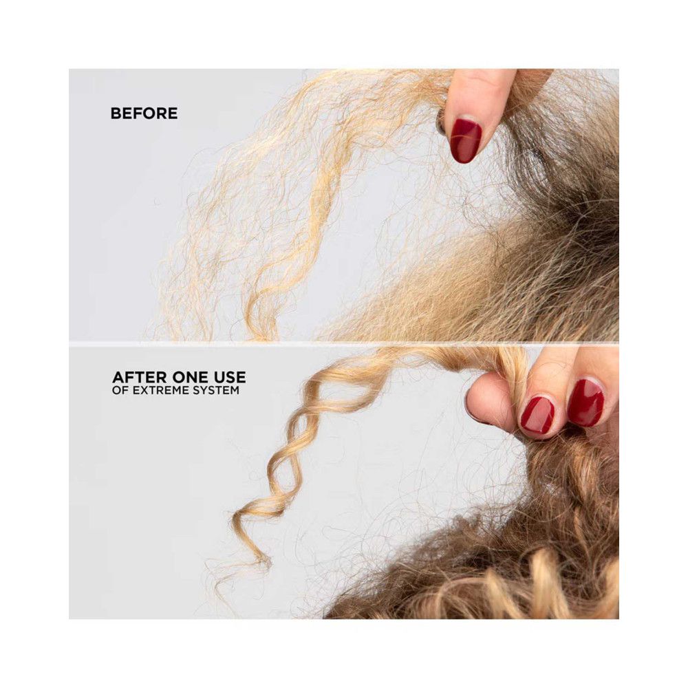 Comparaison de mèches de cheveux avant et après utilisation. Gauche : cheveux secs. Droite : cheveux bouclés.