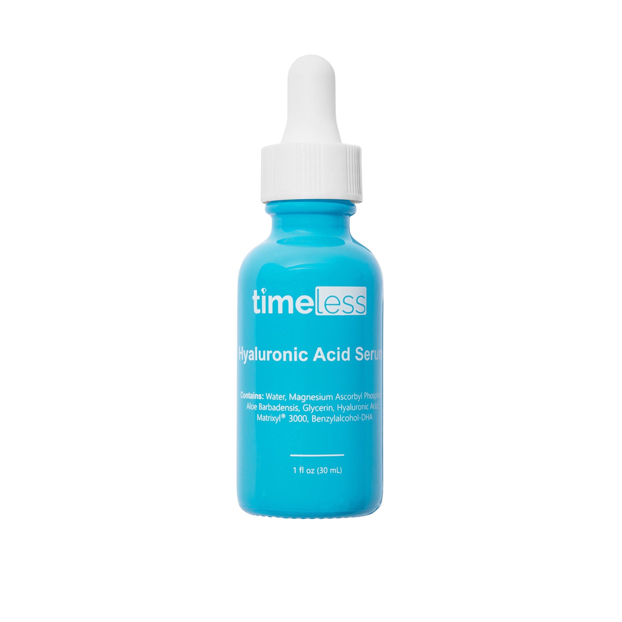 Turquoise fles met witte dop en pipet. Opschrift: Timeless Hyaluronic Acid Serum. 1 fl oz (30 ml).