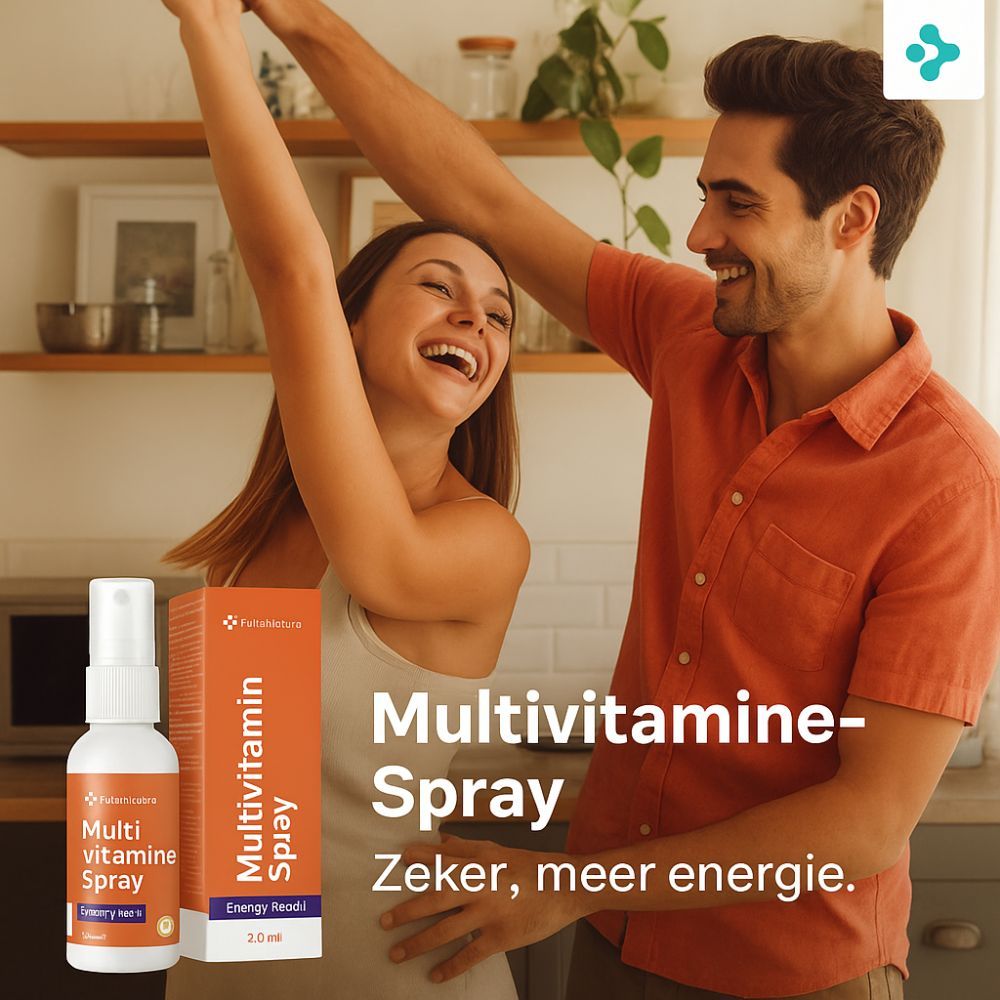 Twee mensen dansen. Op de grond staat een verpakking en een fles FutuNatura Multivitamine Spray. Tekst: Meer energie.