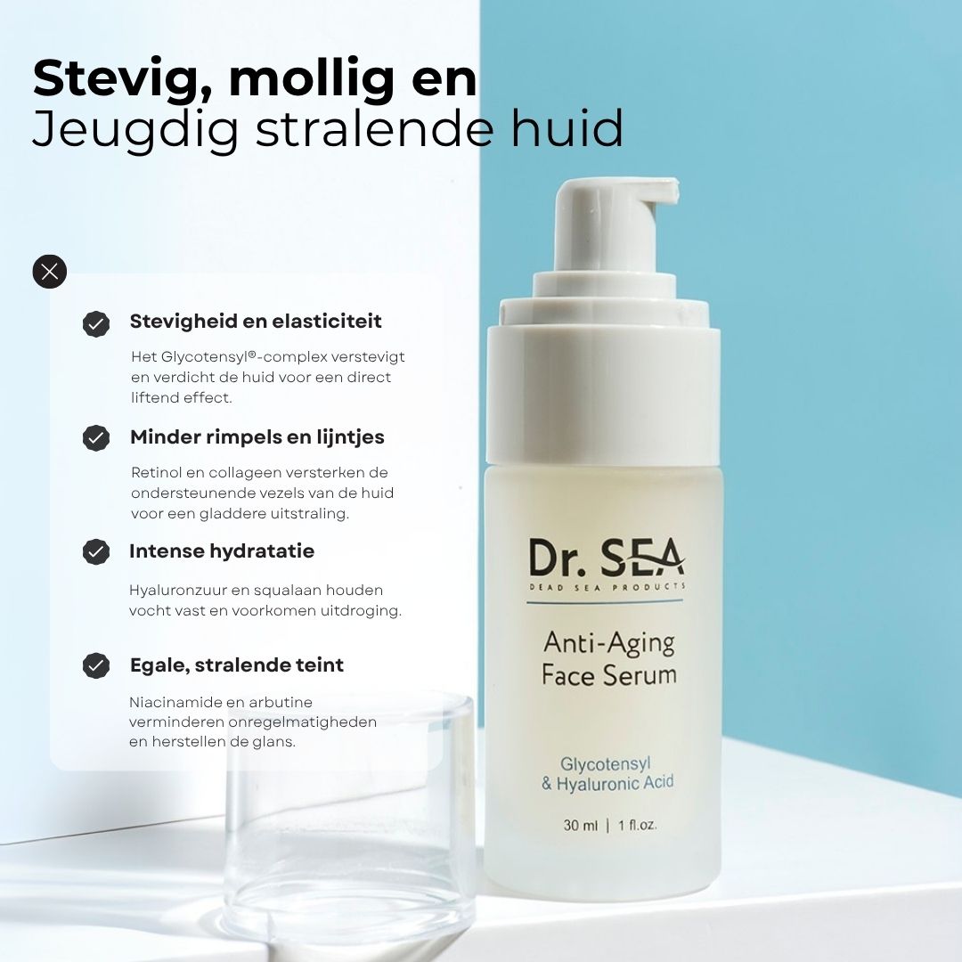 Serumfles met pomp. Tekst: Dr. SEA, Anti-Aging Face Serum, Glycotensyl & Hyaluronic Acid. Voordelen: stevigheid, minder rimpels, hydratatie.