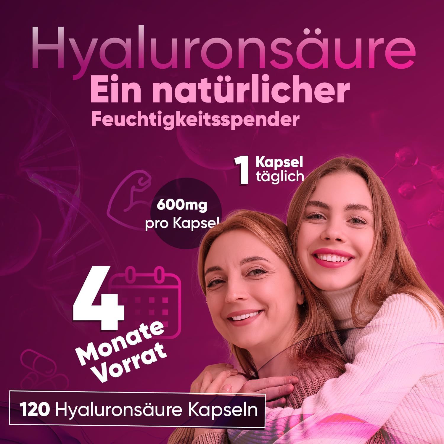 Twee vrouwen omarmen elkaar. Tekst: Hyaluronzuur, 120 capsules. 600mg per capsule. 4 maanden voorraad.