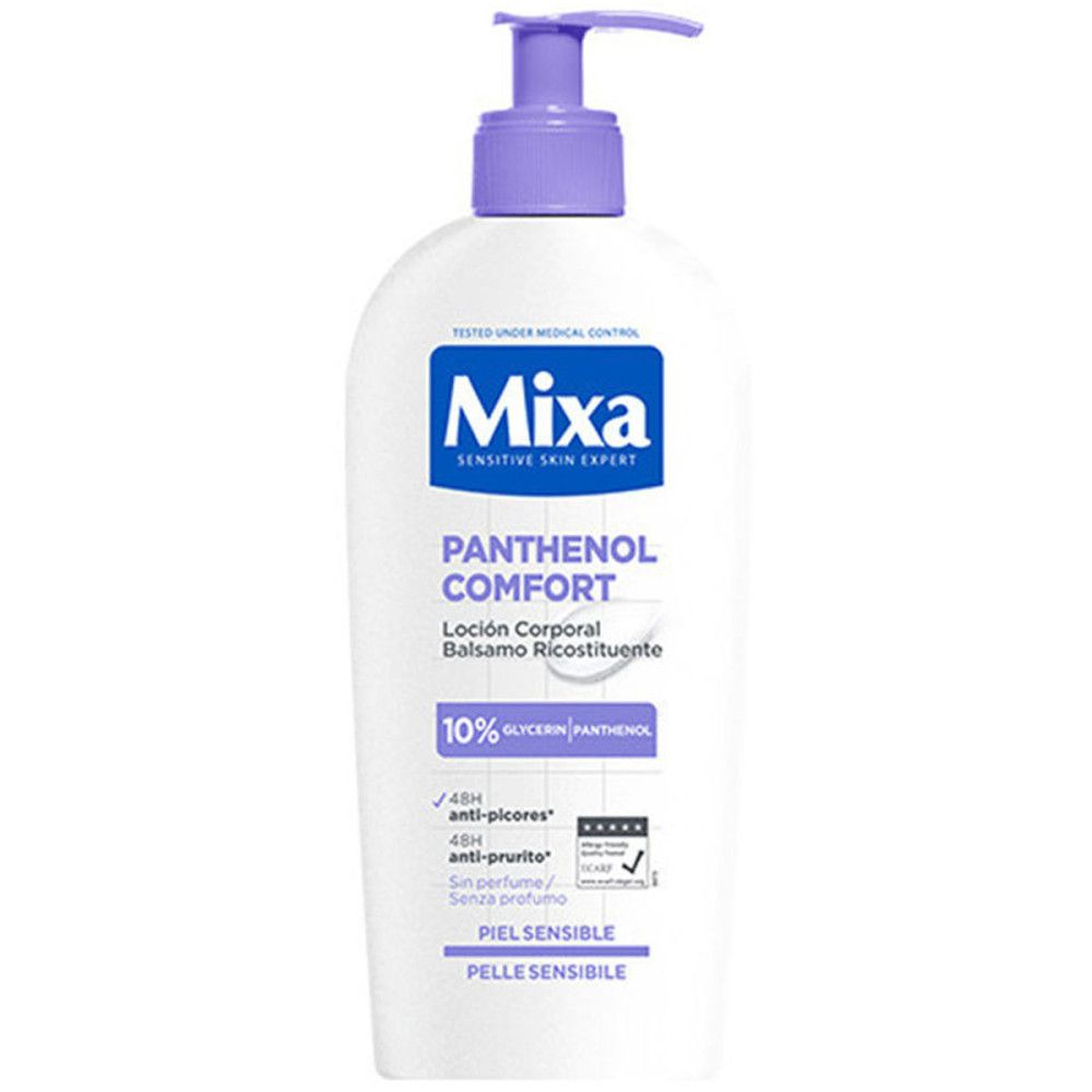 Flacon blanc avec pompe violette. Inscription: Mixa, Panthenol Comfort, 10% Glycérine, Panthénol. Pour peaux sensibles.