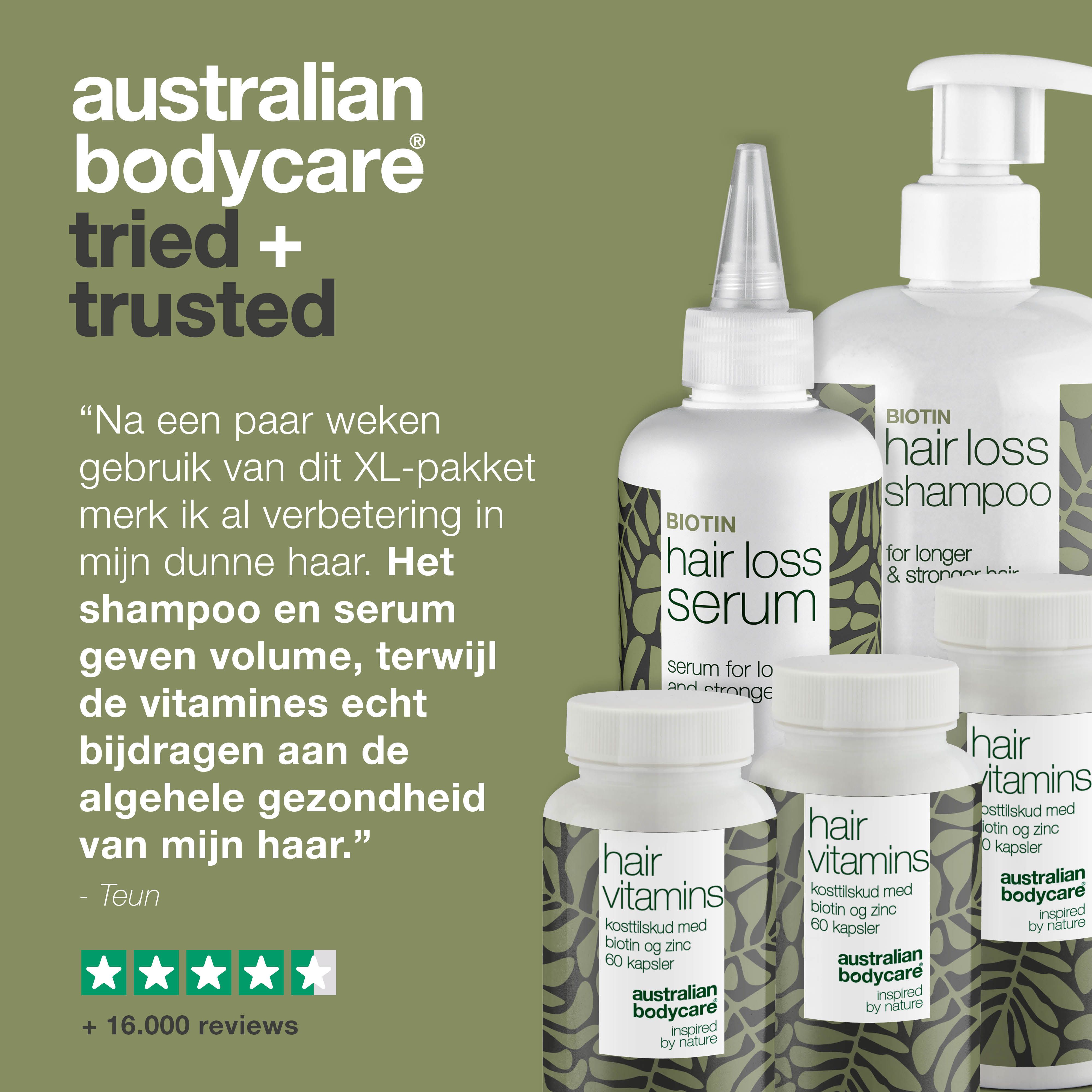 Producten. Opschrift: Hair Loss Serum, Hair Loss Shampoo, Hair Vitamins. Merk: Australian Bodycare. Tekst: Tried + Trusted.