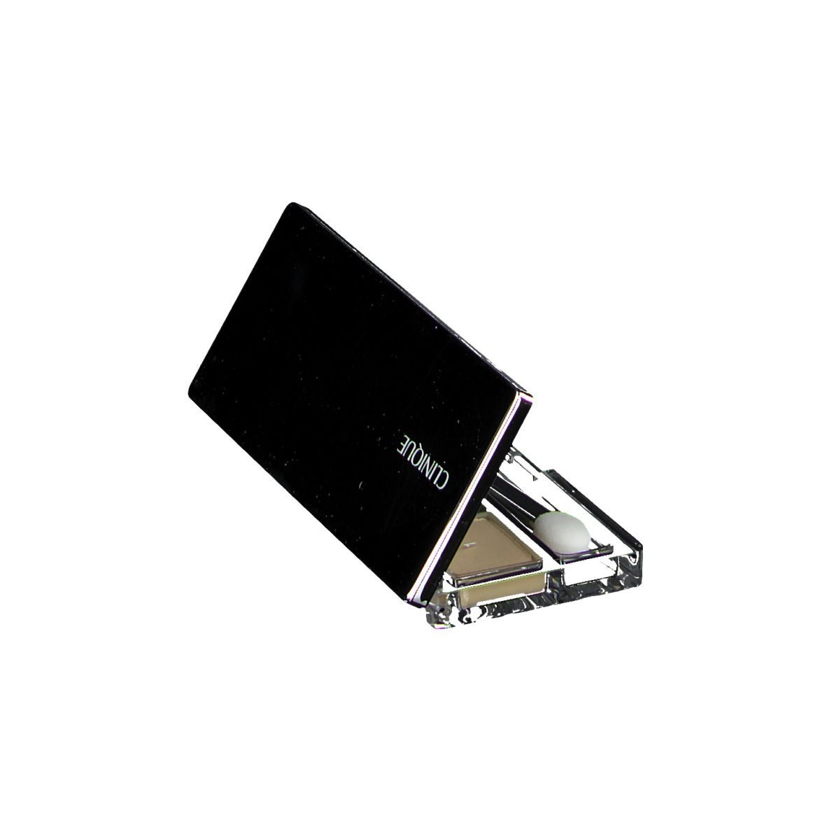 Palette de fards à paupières à quatre couleurs. Couvercle noir avec inscription : CLINIQUE.