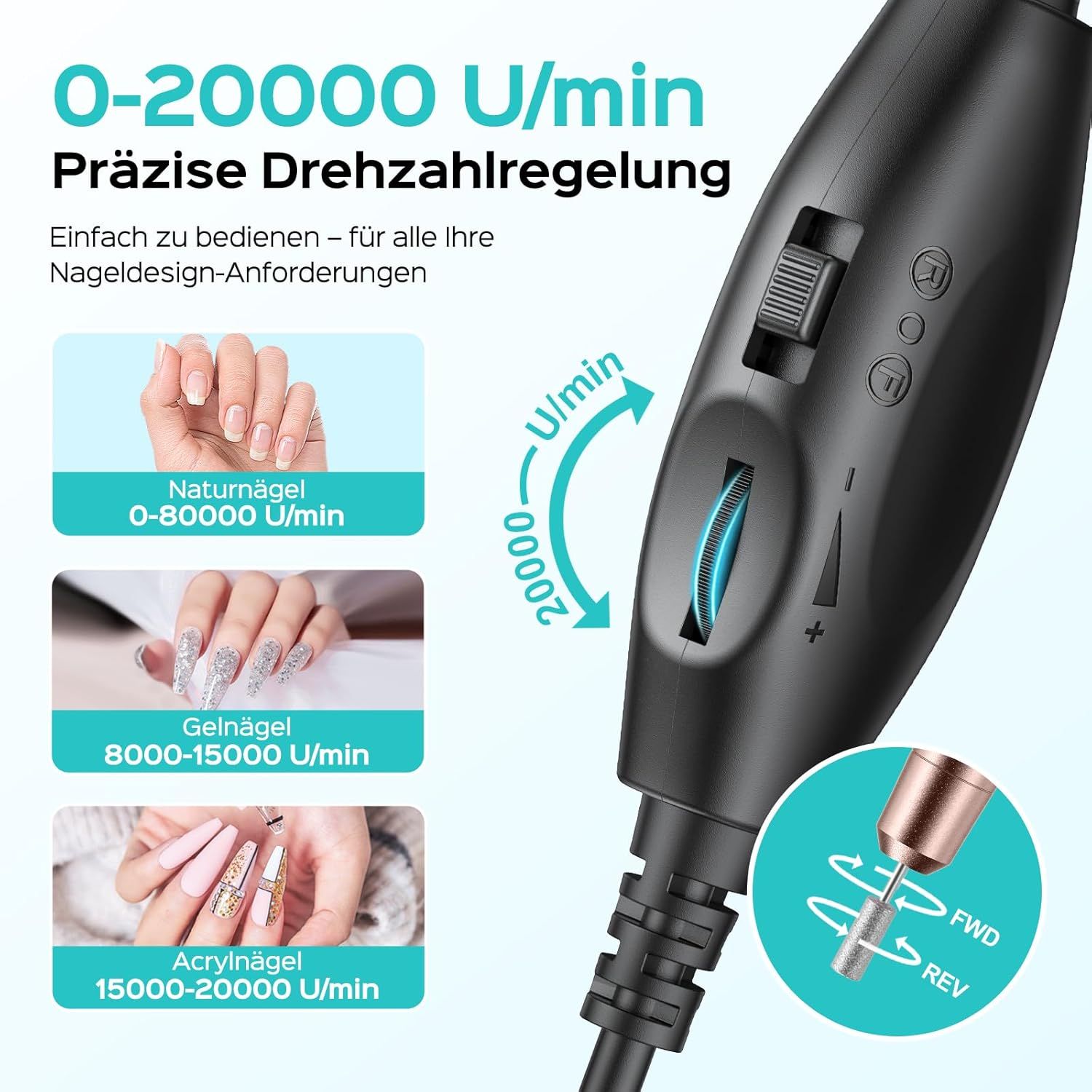 Handstuk nagelfrees met snelheidsregelaar. Tekst: 0-20000 tpm, nauwkeurige snelheidsregeling. Illustraties voor verschillende nageltypes.