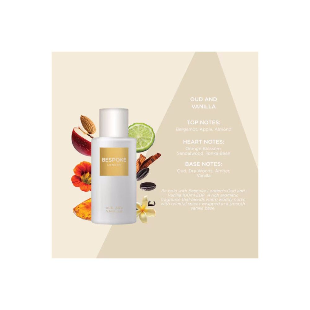 Flacon de parfum blanc avec étiquette dorée. Texte: Bespoke, Oud and Vanilla. Fruits et fleurs en arrière-plan.