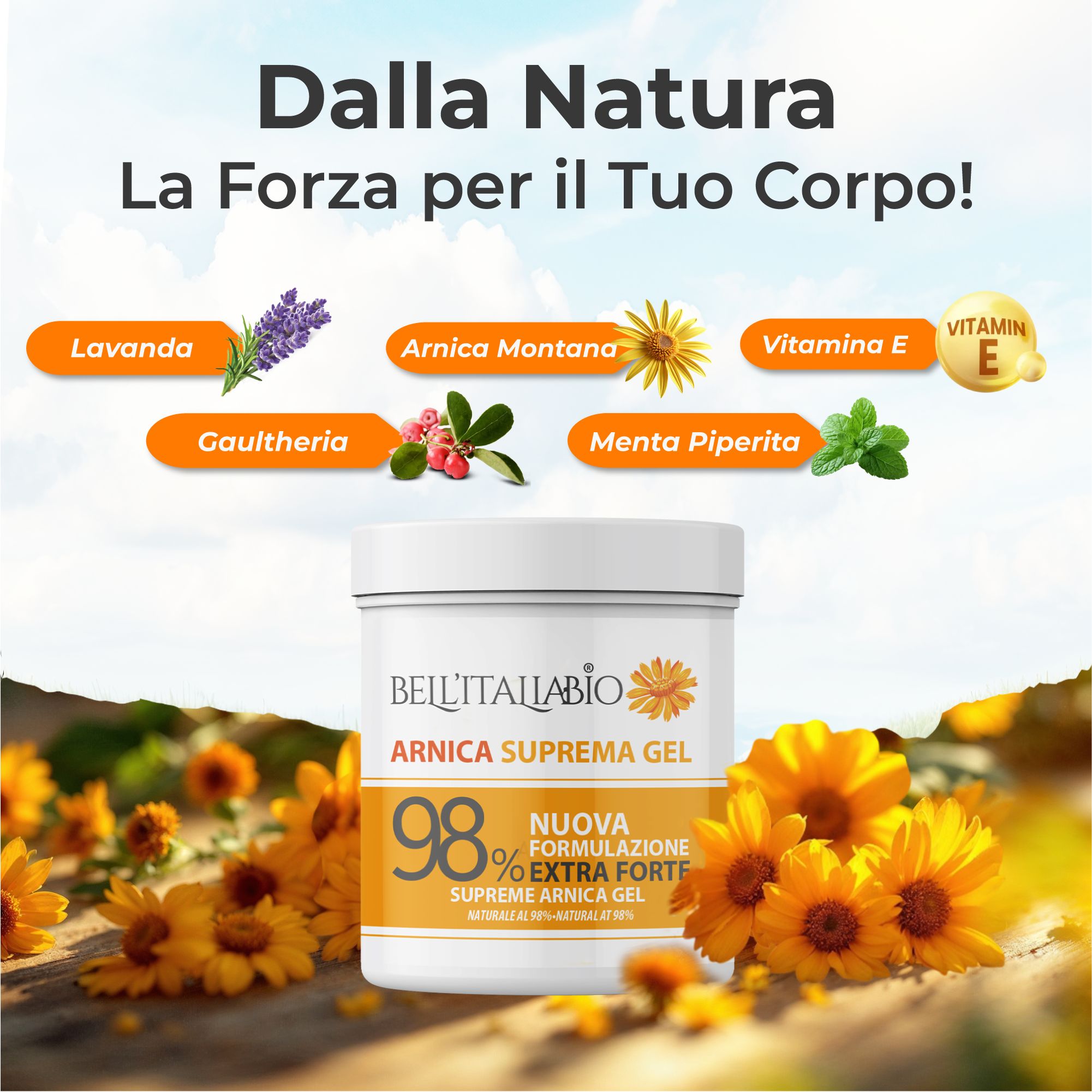 Witte pot met geel etiket. Tekst: BellItaliabio Arnica Supreme Gel. 98% Extra Forte. Lavendel, Arnica, Vitamine E, Gaultheria, Pepermunt.