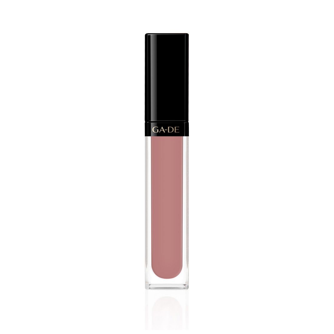 Ga-De Crystal Lights Lipgloss. Récipient rectangulaire transparent avec contenu rose. Bouchon noir avec logo GA-DE.