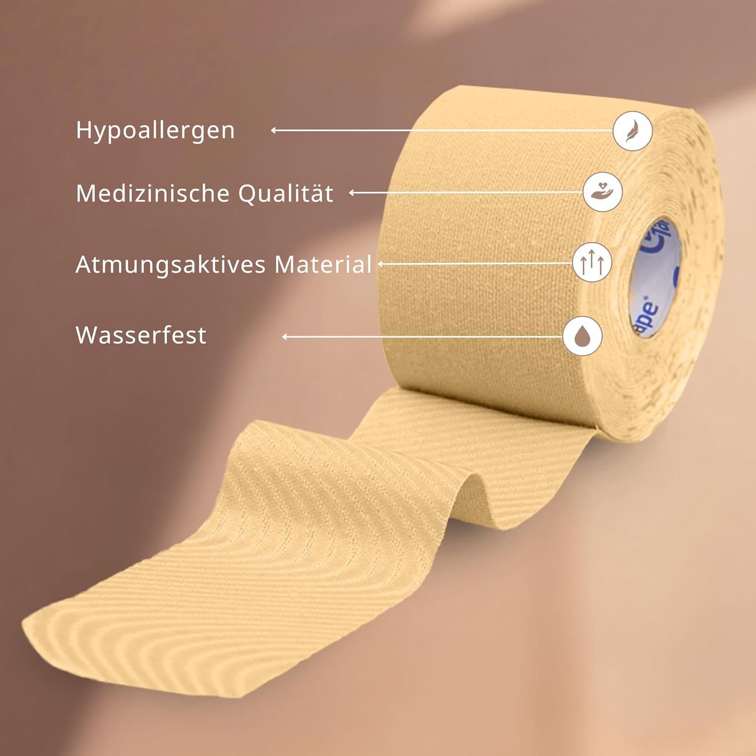 Rol CureTape Beauty Kinesiologie Tape met eigenschappen: hypoallergeen, medisch, ademend, waterdicht.