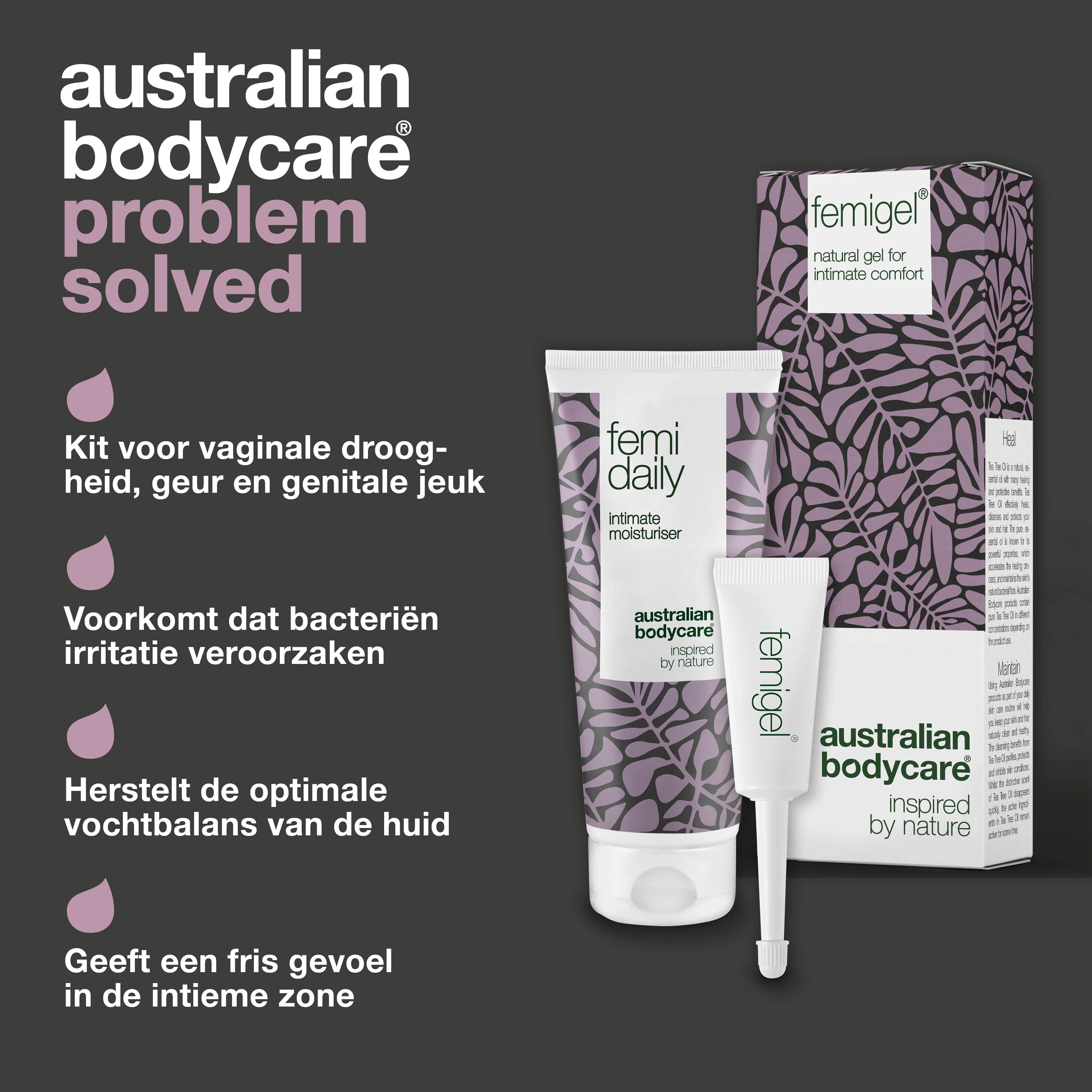 Producten: Femidaily, Femigel en verpakking. Tekst in het Nederlands: probleem opgelost. Logo: Australian Bodycare.