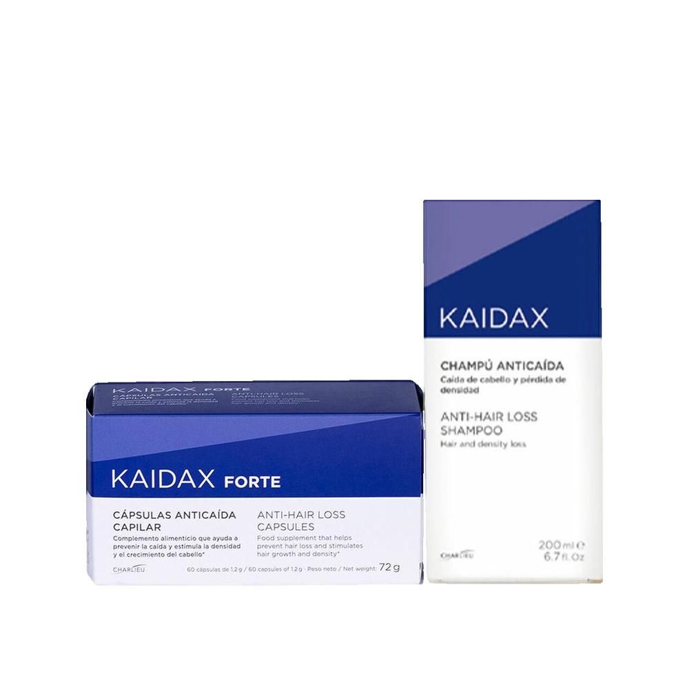Twee producten: een doosje capsules en een fles shampoo. Beide producten dragen het merk KAIDAX en zijn tegen haaruitval.