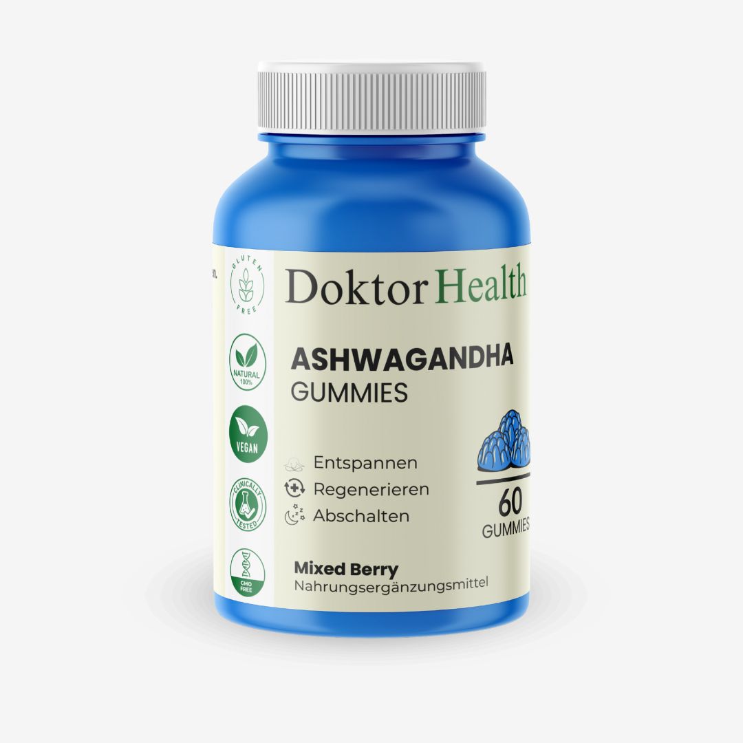 Blauwe fles met witte dop. Opschrift: Doktor Health, Ashwagandha Gummies, 60 gummies. Vegan, glutenvrij.