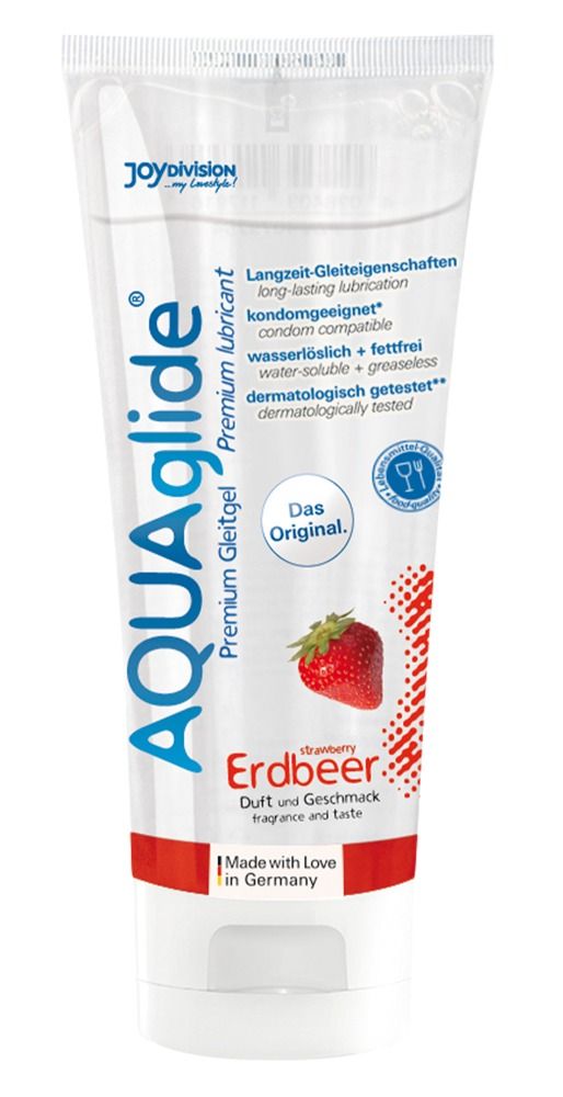 Tube transparent AQUAglide Premium. Inscription: Joydivision, gel lubrifiant premium, goût fraise. Illustration de fraise.