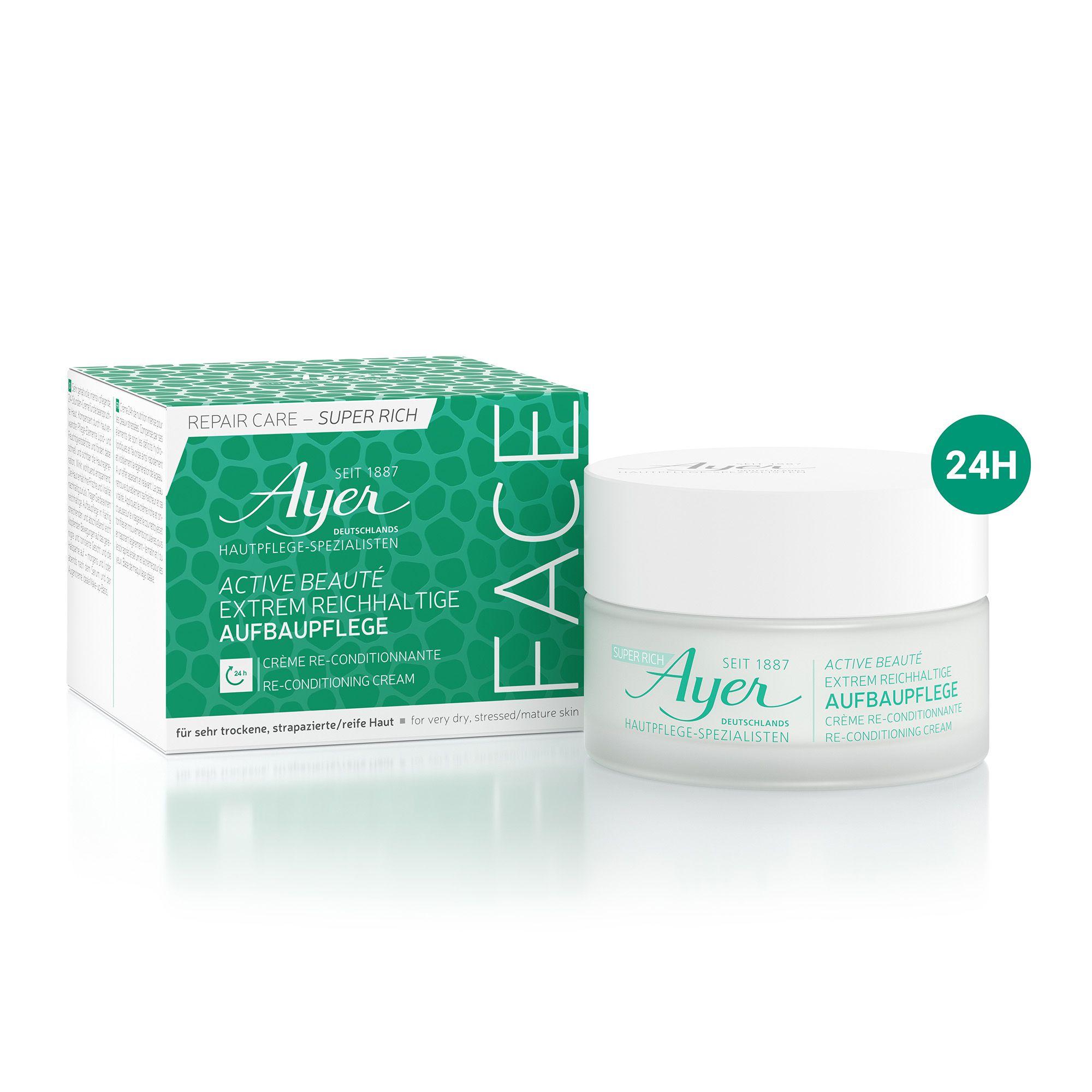 Crèmepot en doos. Opschrift: Ayer, Active Beauté, Reconditioning Cream. Groen-witte verpakking.