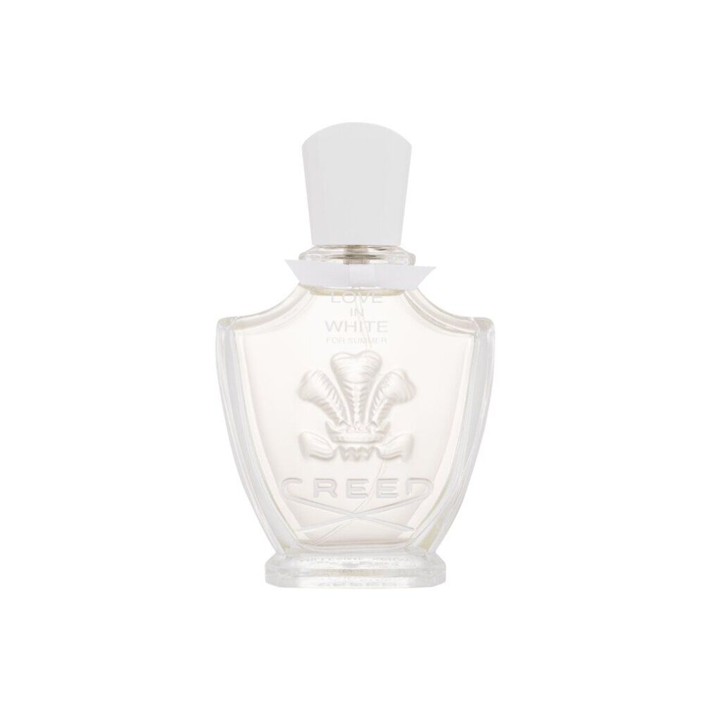 Glazen fles met witte dop. Opschrift: LOVE IN WHITE, CREED.