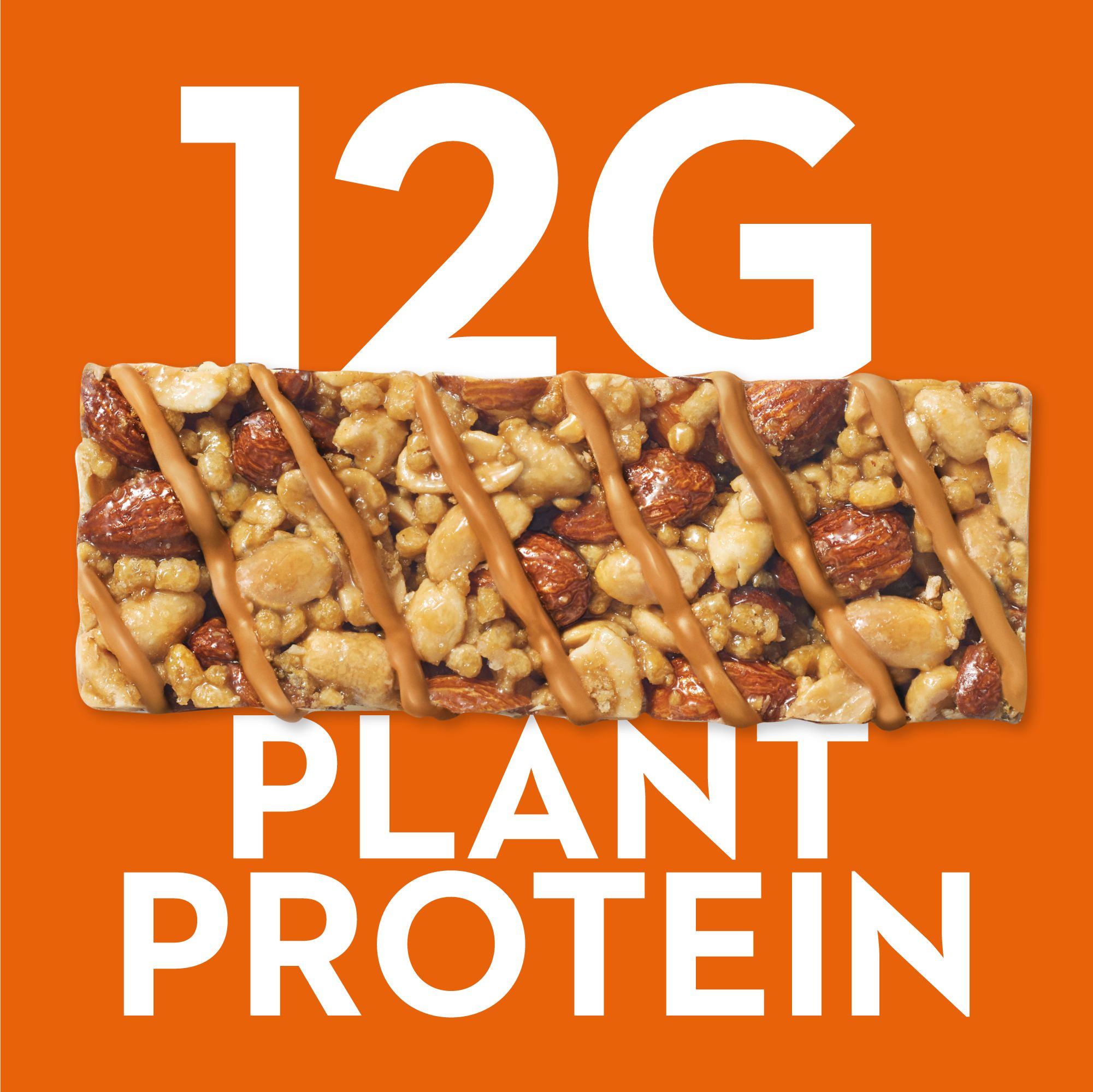 Reep met noten en karamelstrepen. Opschrift: 12G Plant Protein.