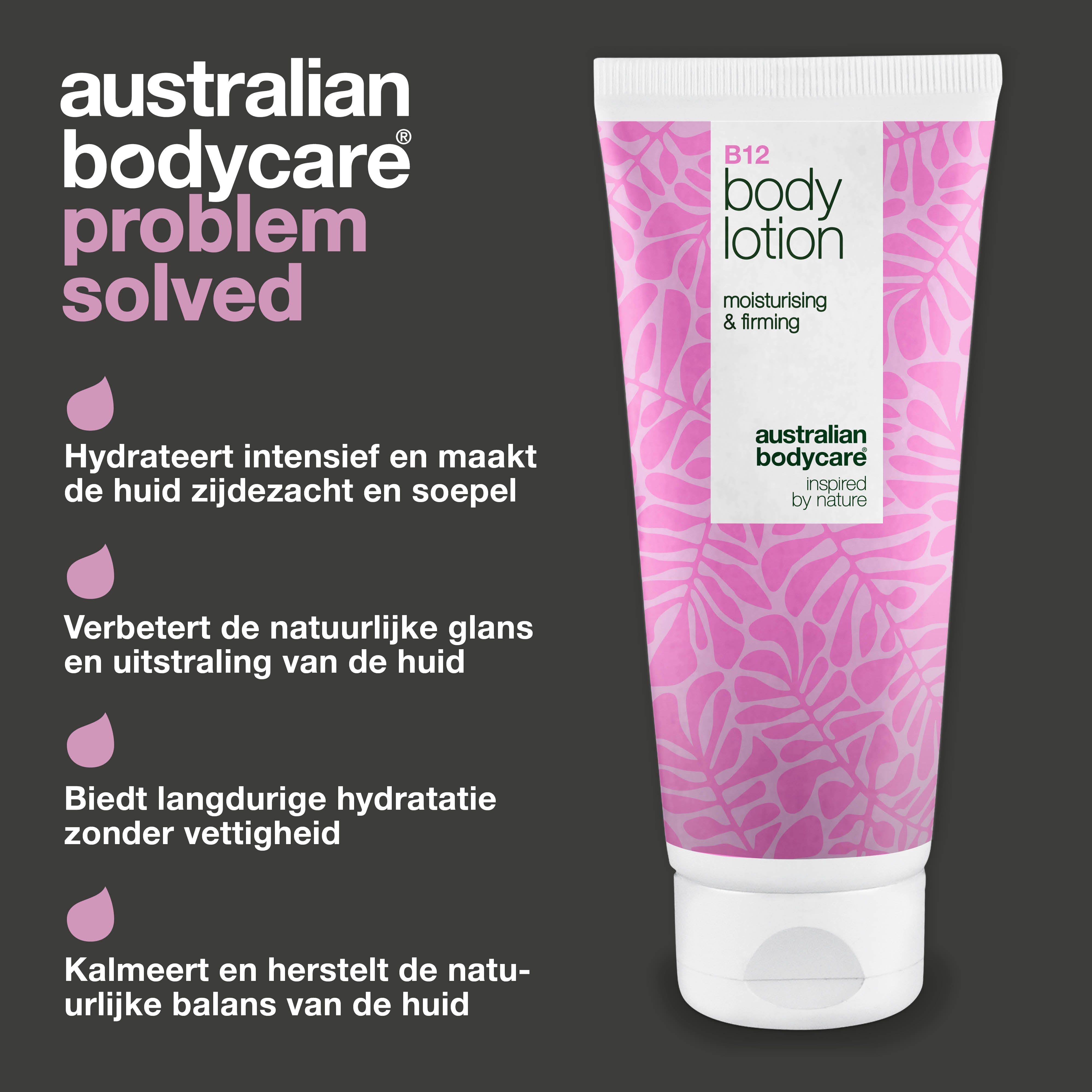 B12 Body Lotion tube. Tekst: Australian Bodycare, probleem opgelost. Roze druppels. Tekst: hydratatie, glans, langdurig, balans.