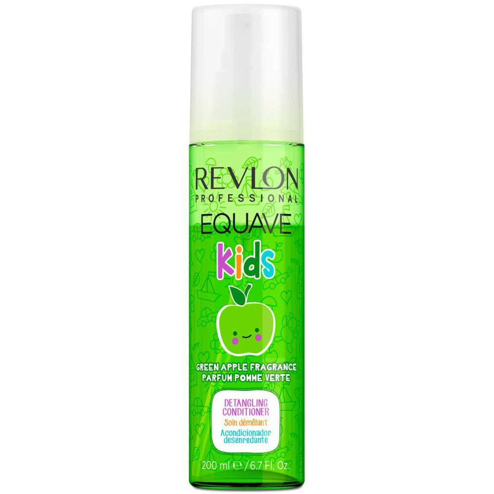 Flacon vert avec bouchon blanc. Texte: Revlon Professional Equave Kids. Démêlant.
