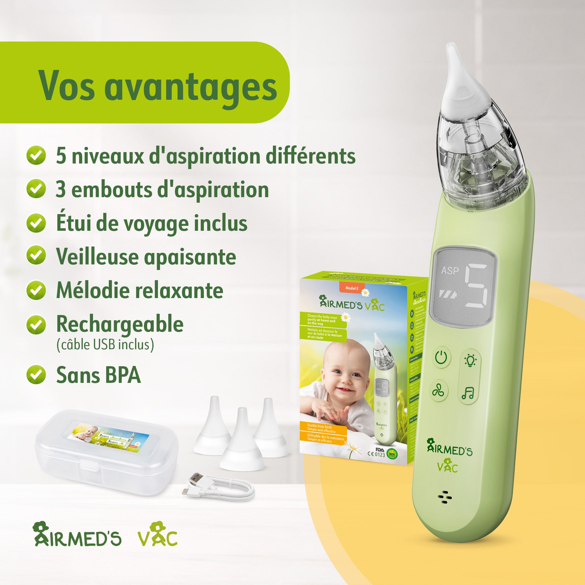 Aspirateur nasal avec écran numérique et boutons de commande.