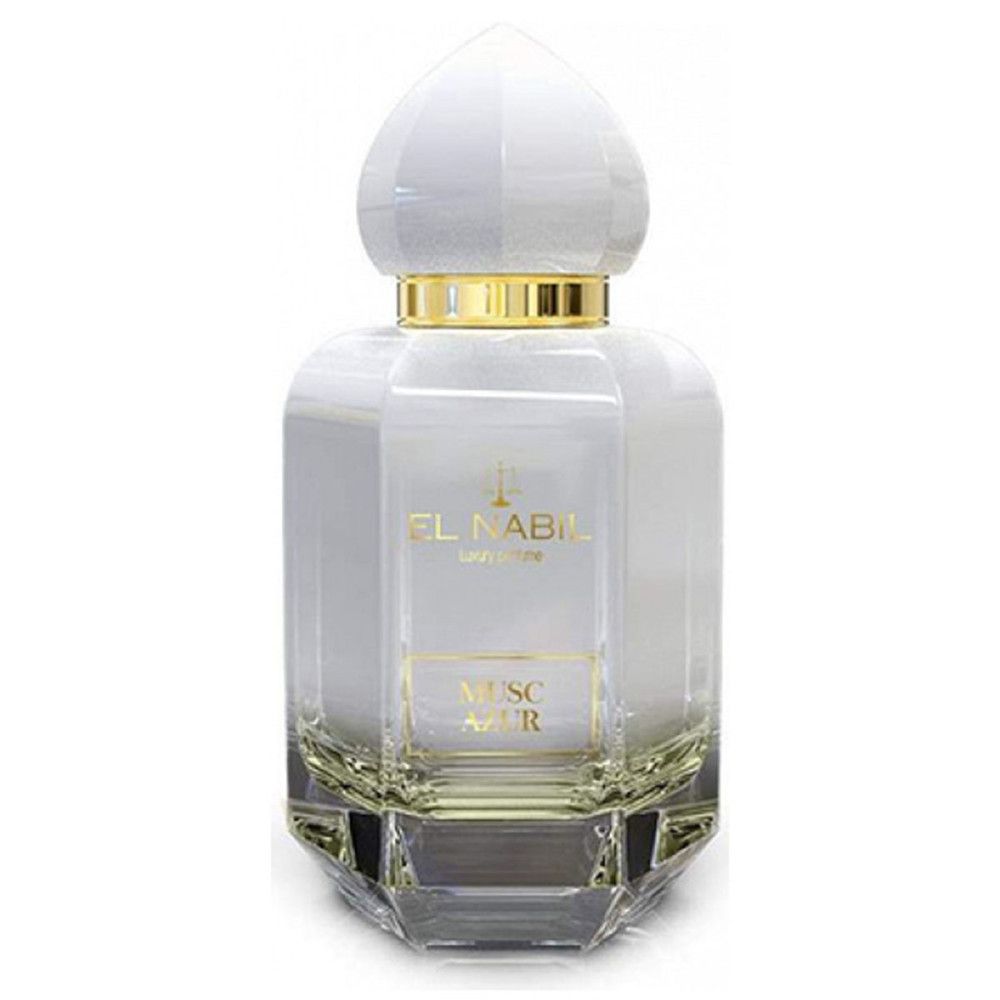 Flacon blanc, détails dorés, bouchon blanc. Inscription: El Nabil, Musc Azur. Base en verre clair.