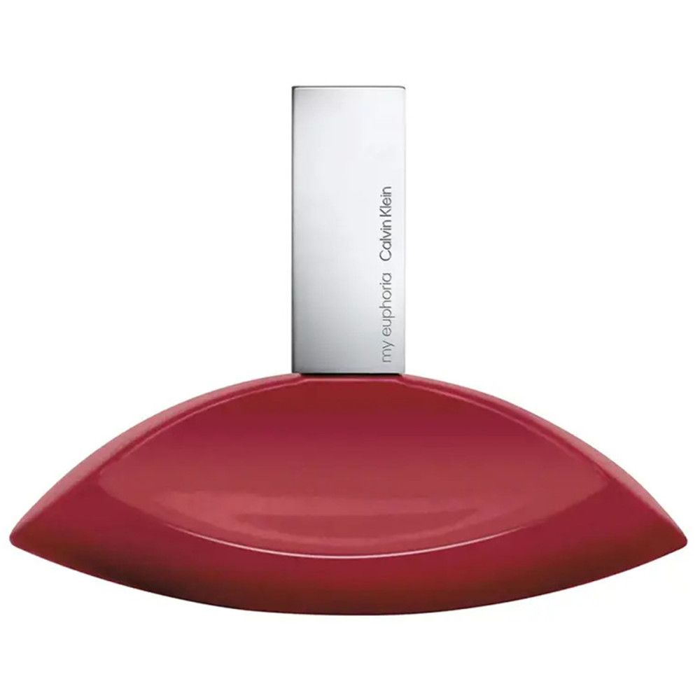 Flacon rouge avec bouchon argenté. Inscription: my euphoria Calvin Klein.