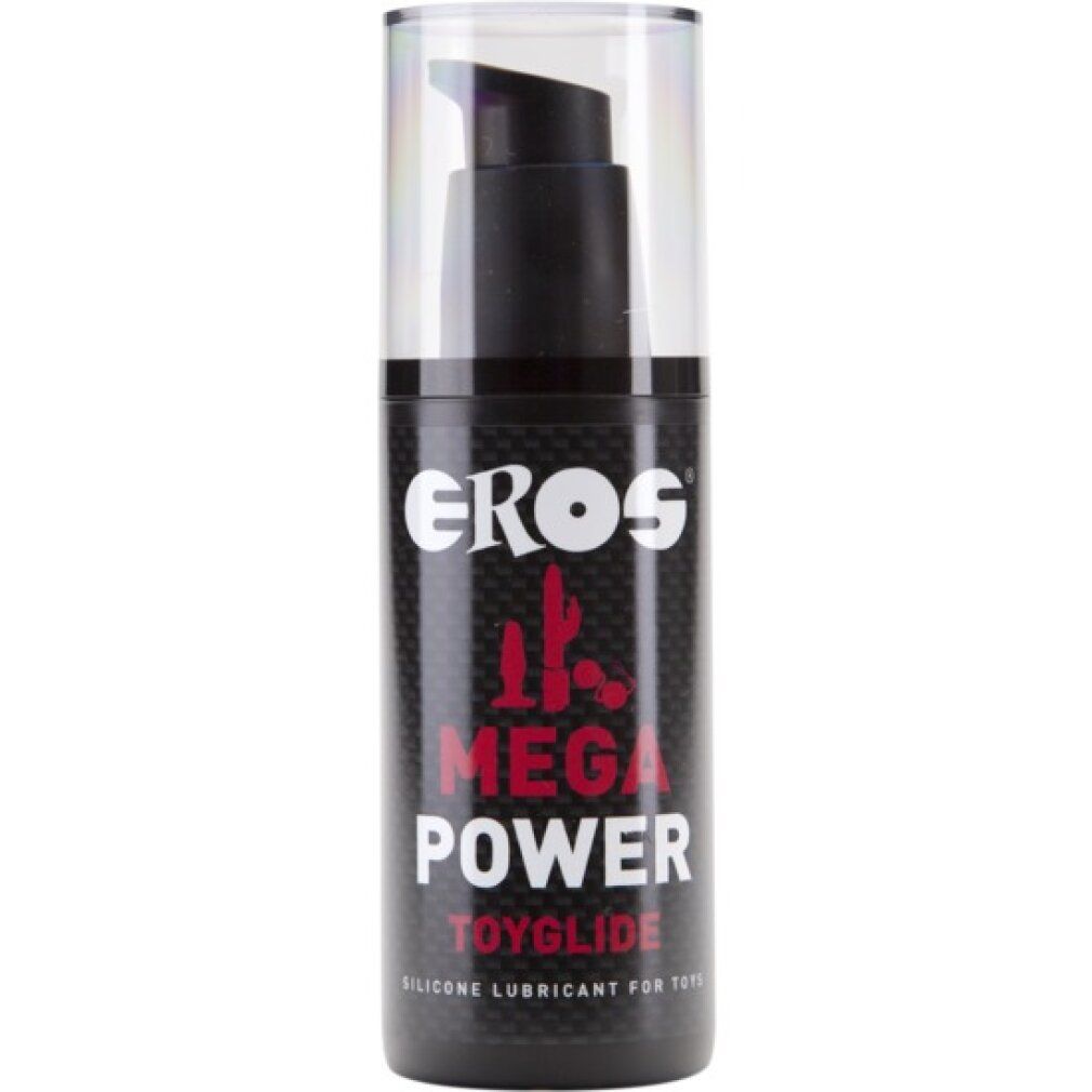 Flacon noir avec pompe et bouchon transparent. Inscription: EROS MEGA POWER TOYGLIDE. Lubrifiant silicone pour jouets.