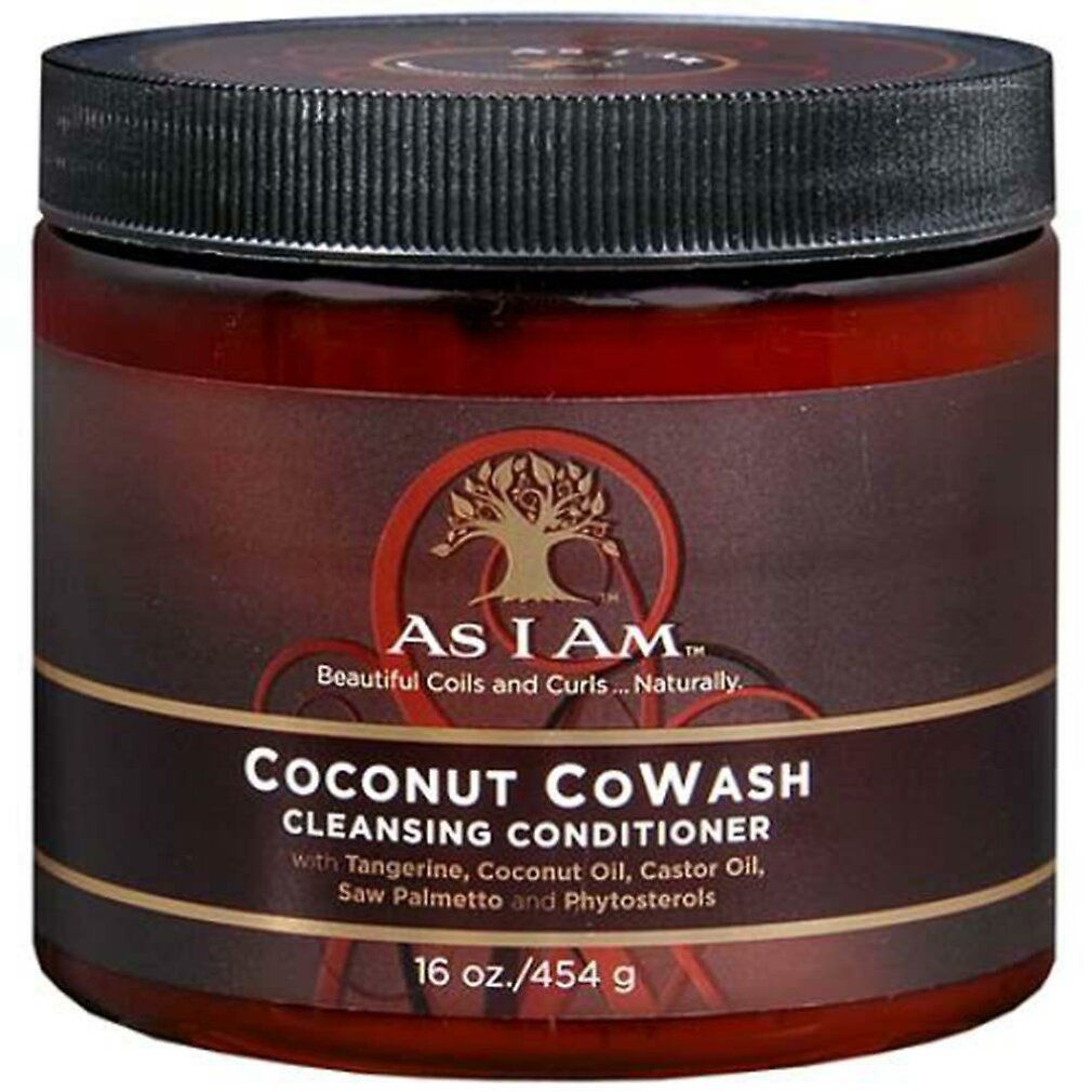 Bruine pot met zwarte deksel. Opschrift: As I Am Coconut CoWash Cleansing Conditioner. 16 oz./454 g.