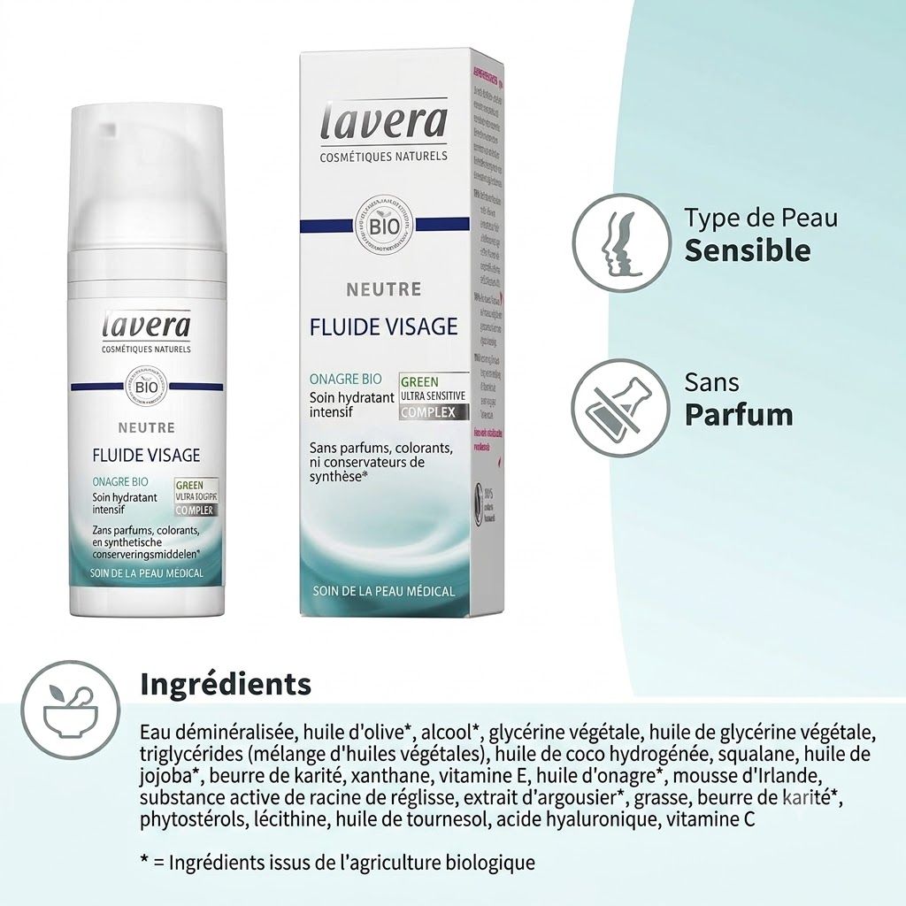 Emballage Lavera Neutral Gesichtsfluid, vue de face avec informations produit.