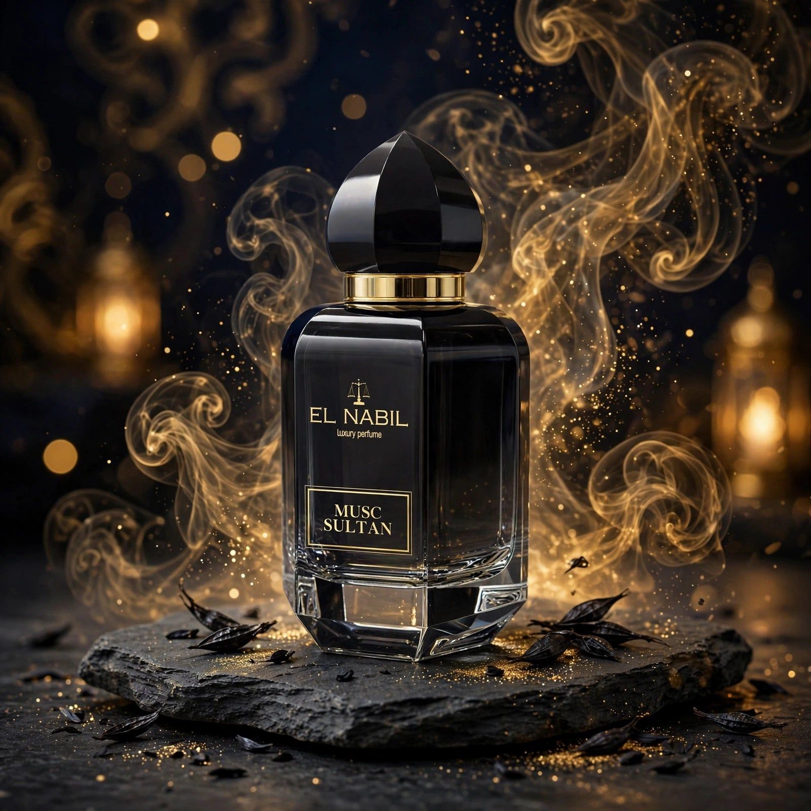 Flacon de parfum El Nabil Musc Night, blanc, avec anneau doré et bouchon en dôme.