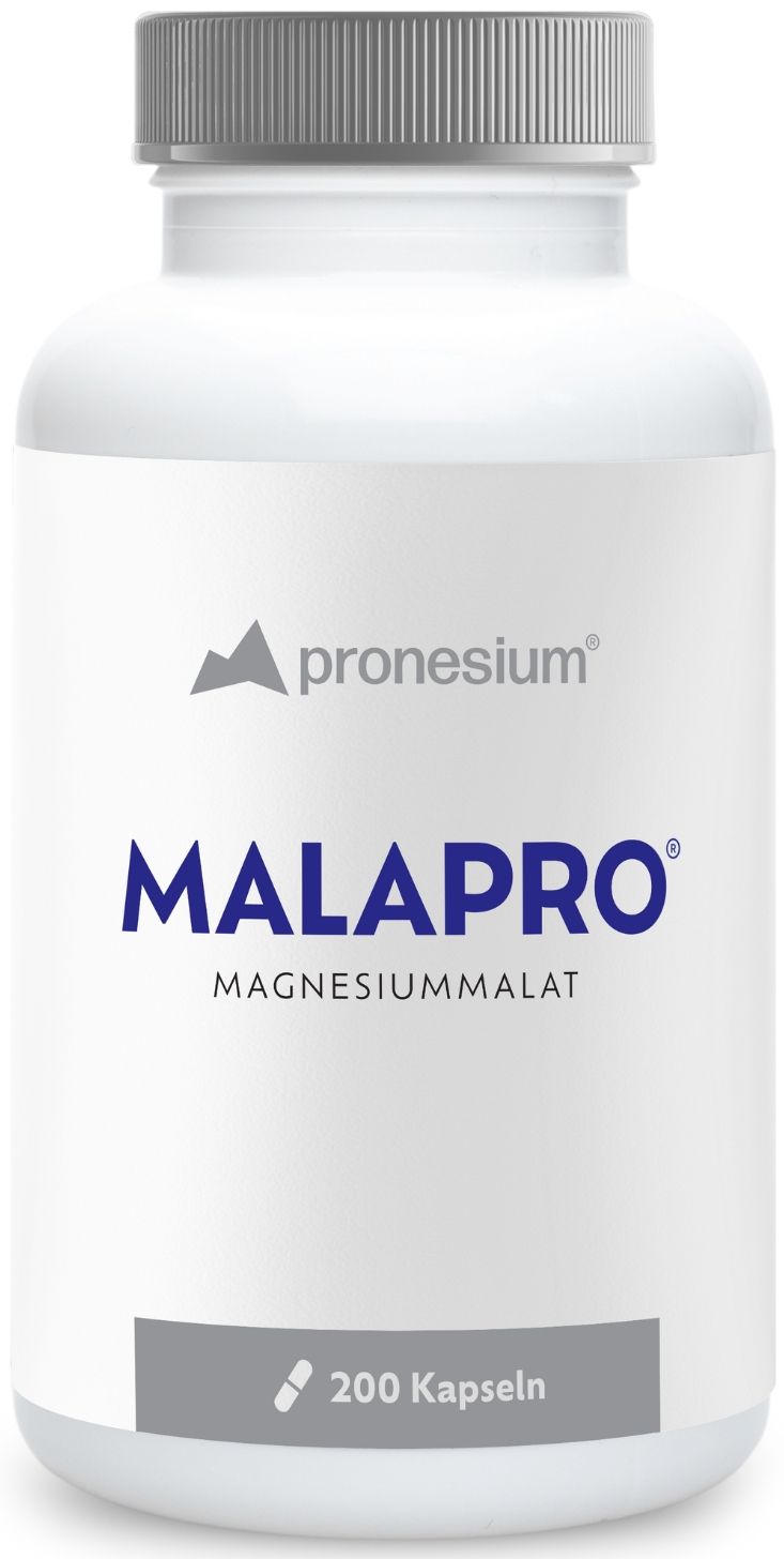 Witte fles met grijze dop. Opschrift: pronesium, MALAPRO, Magnesiummalaat, 200 capsules.