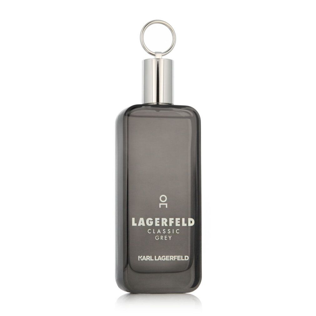 Flacon gris avec bouchon argenté et anneau. Inscription : LAGERFELD CLASSIC GREY. Marque : KARL LAGERFELD.