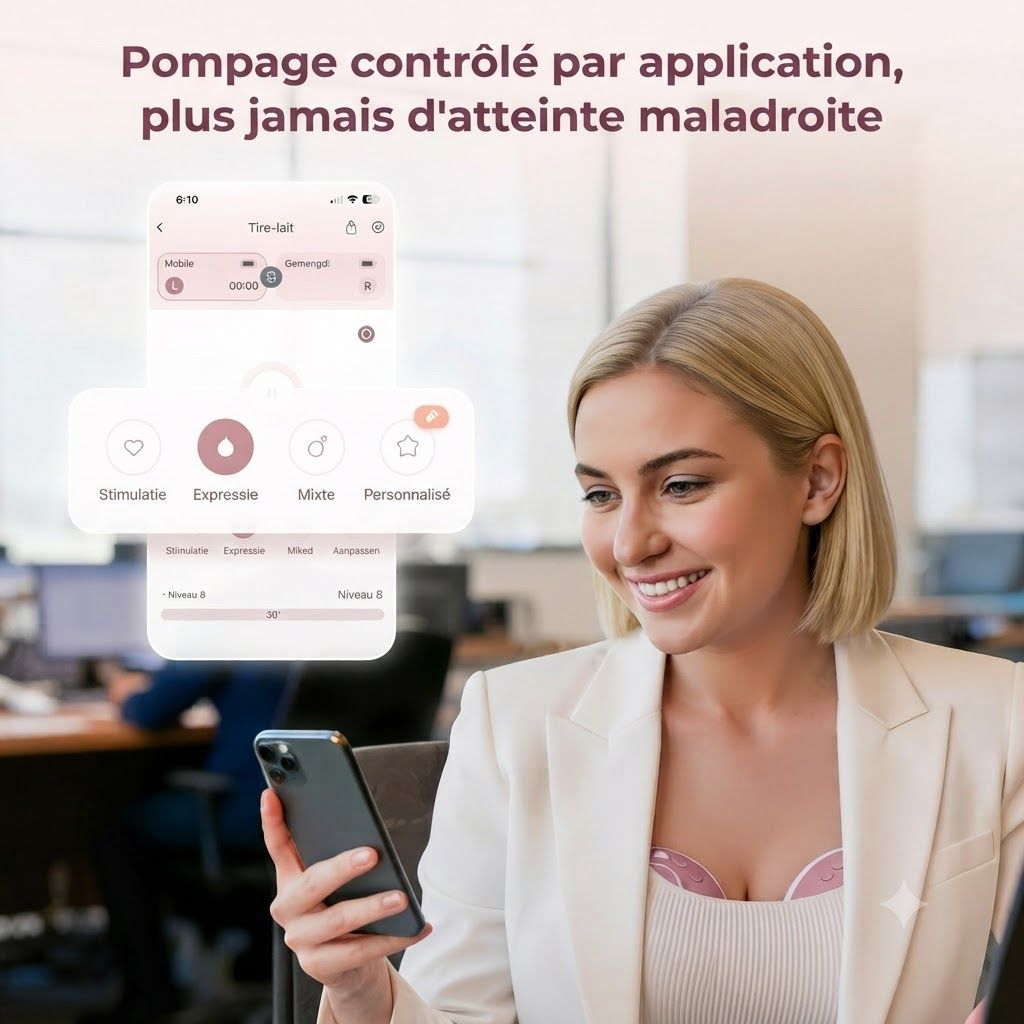 Femme utilisant un smartphone affichant une application pour pompe à lait.