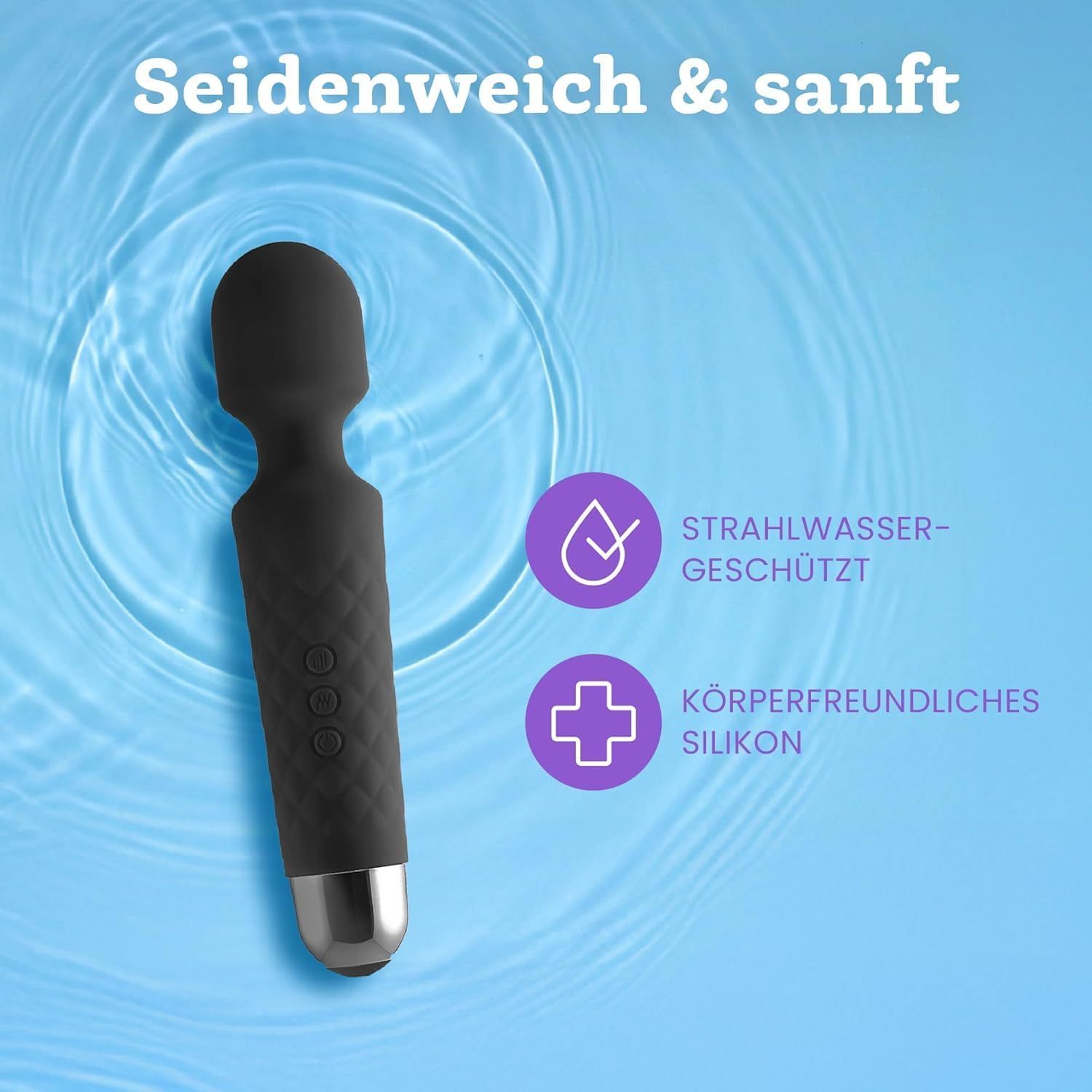 Zwarte vibrator in water. Spatwaterdicht en van huidvriendelijke siliconen.