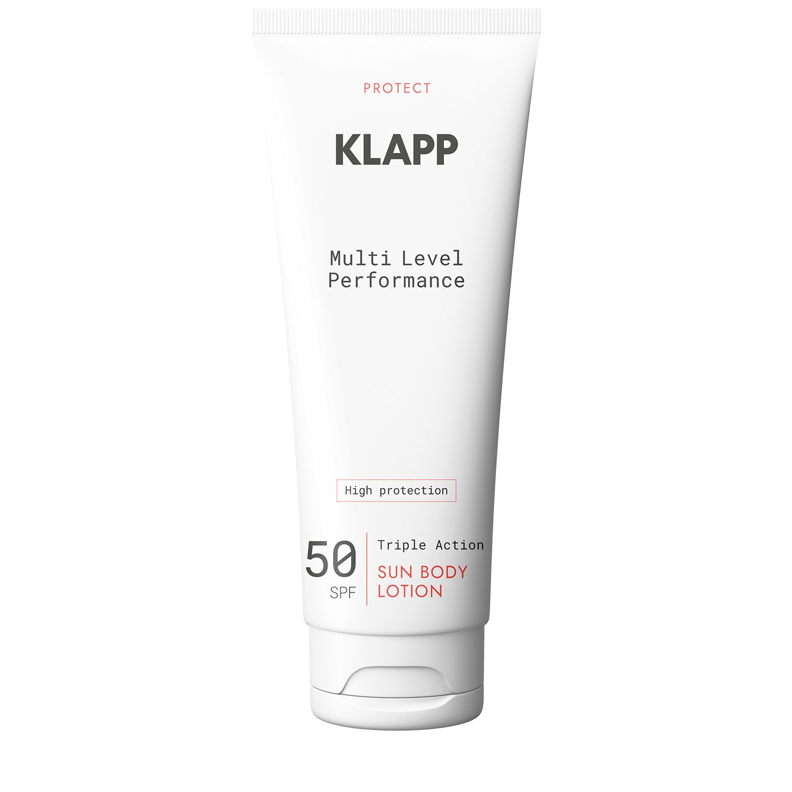 Witte tube met productinformatie. Opschrift: KLAPP, Multi Level Performance, 50 SPF, Sun Body Lotion. Witte dop.