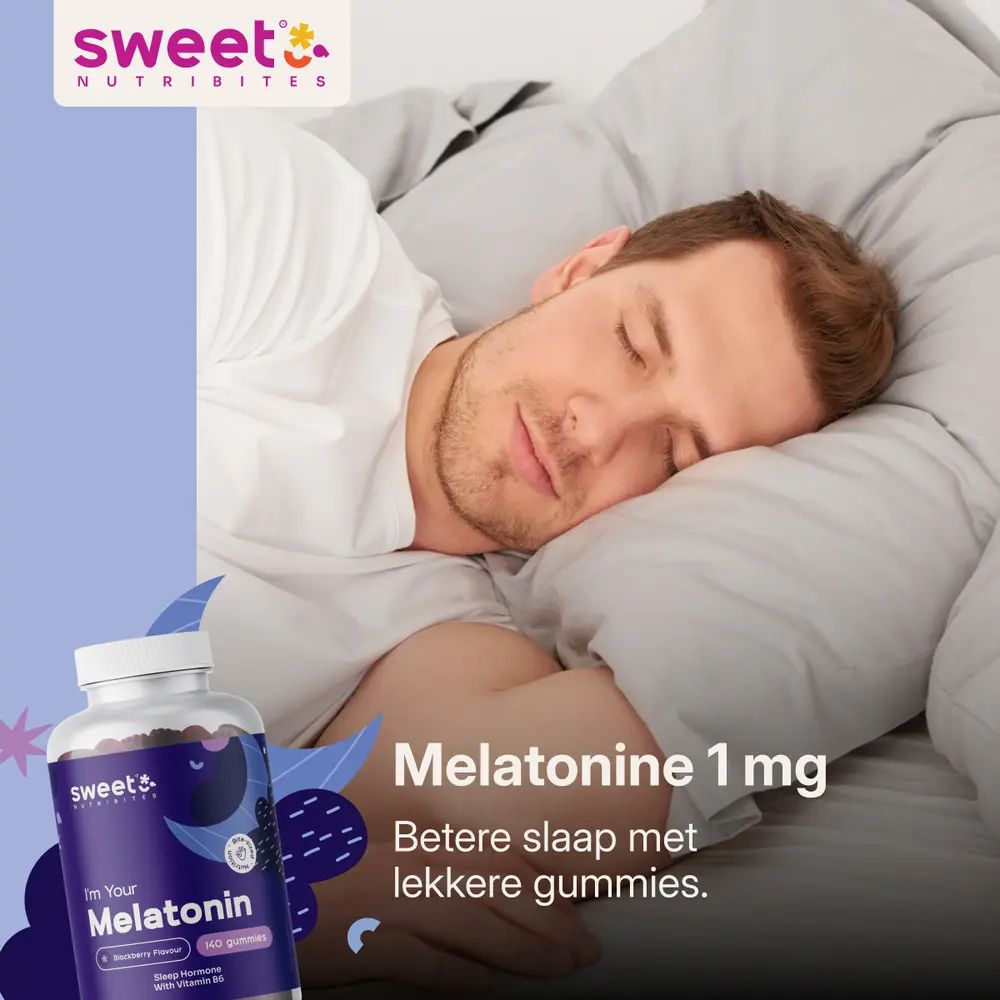Man slapend. Melatonine 1 mg. Tekst: Betere slaap met lekkere gummies.
