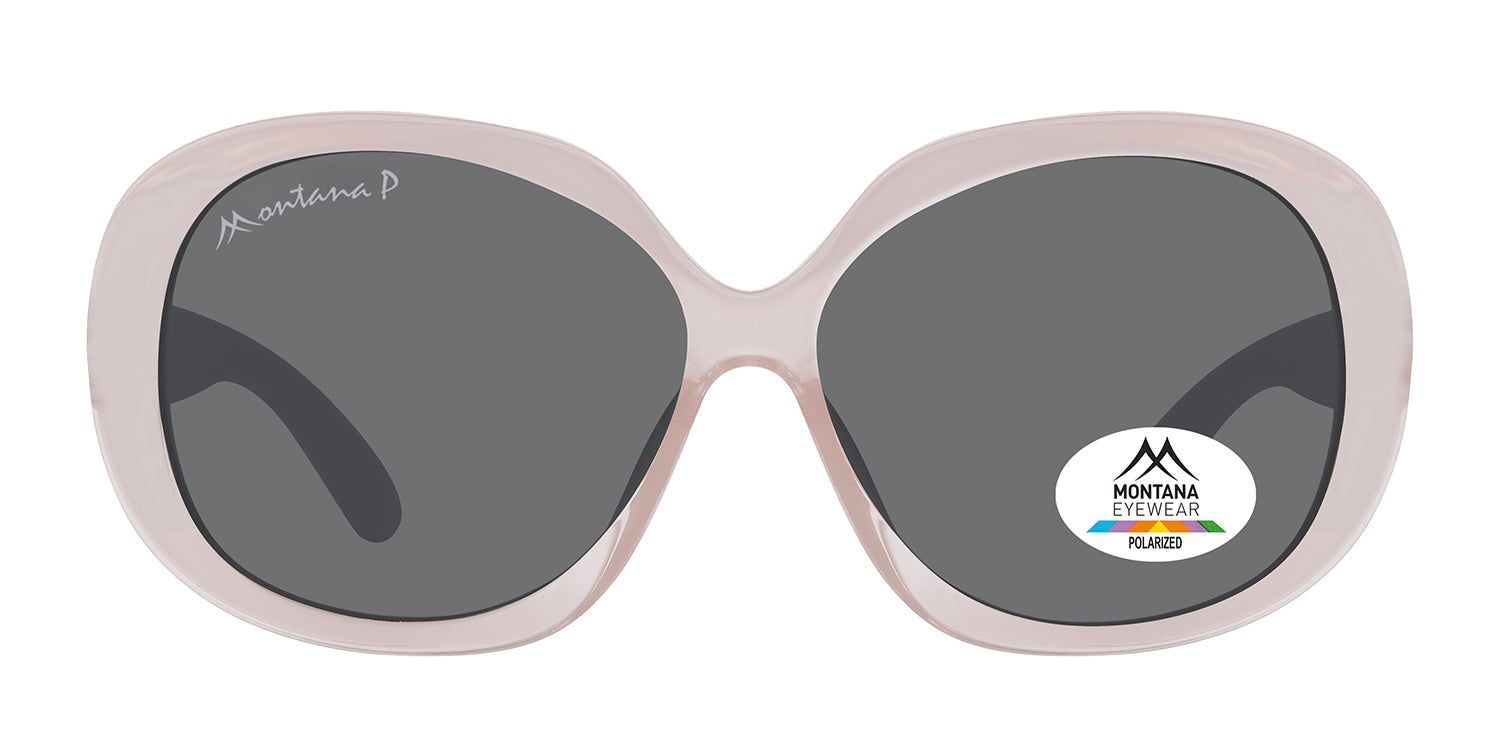 Lunettes de soleil roses avec verres gris. Logo Montana Eyewear et certification de polarisation sur le verre.