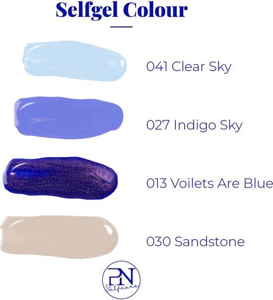 Échantillons de couleurs PN Selfgel. Couleurs : 041 Clear Sky, 027 Indigo Dye, 013 Voilets Are Blue, 030 Sandstone. Logo PN Selfcare.