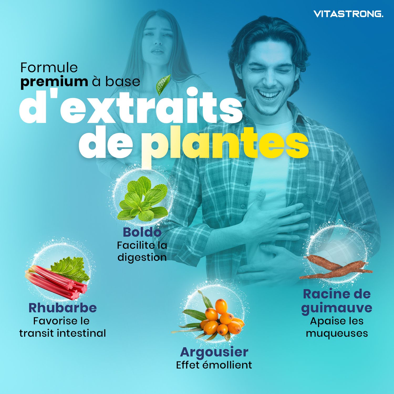 Vitastrong Laxastrong. Man en vrouw wijzen naar de darm. Tekst: Natuurlijke regelmaat, 100% plantaardig, Verlichting van een opgeblazen gevoel.