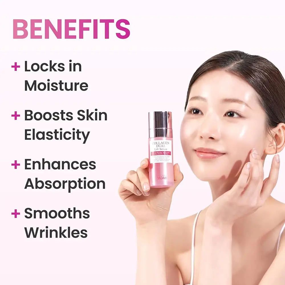 Vrouw houdt YADAH Collagen Dual Lift Serum fles vast, voordelen worden opgesomd.