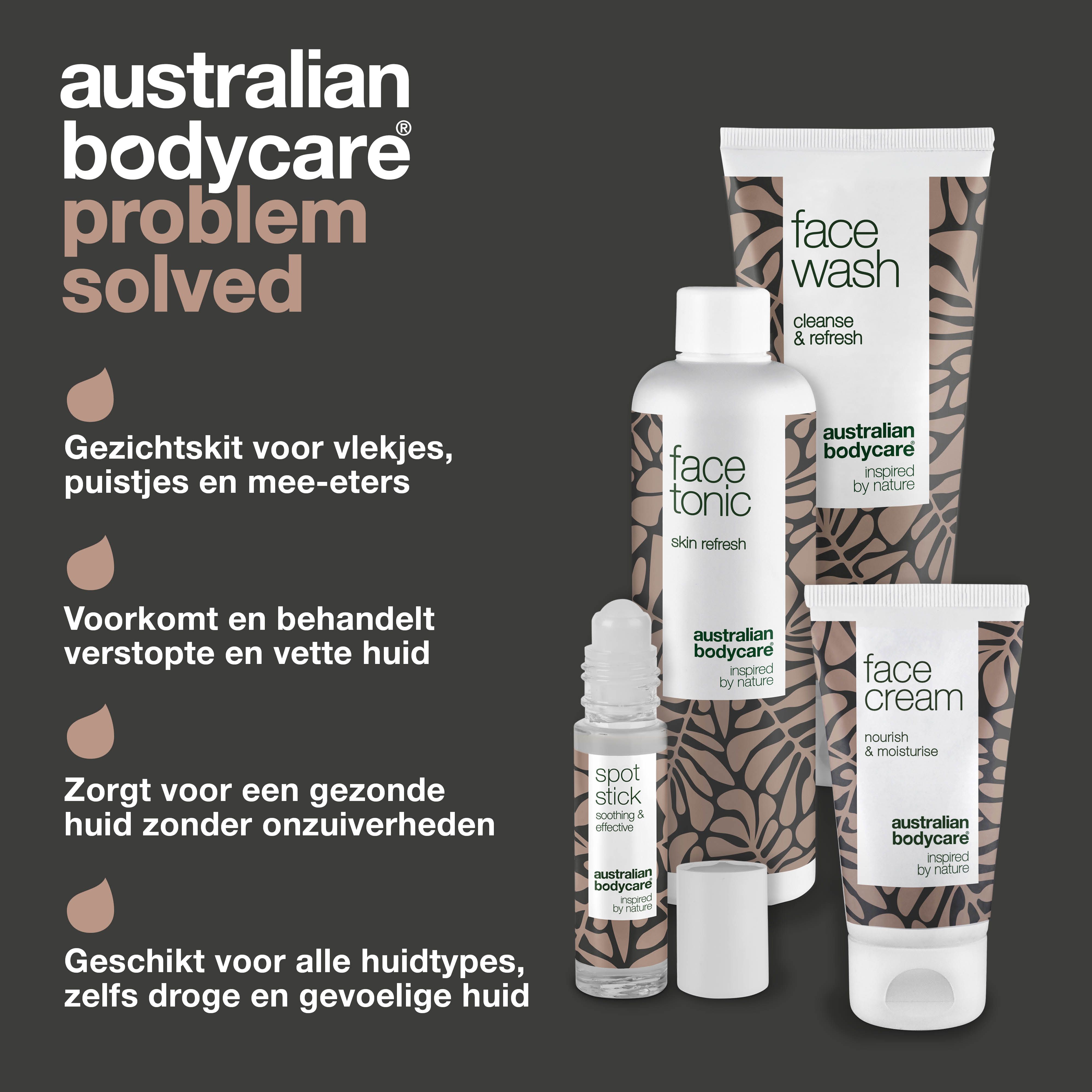 Producten: Face Wash, Face Tonic, Face Cream en Spot Stick. Tekst: Australian Bodycare. Tekst over voordelen.