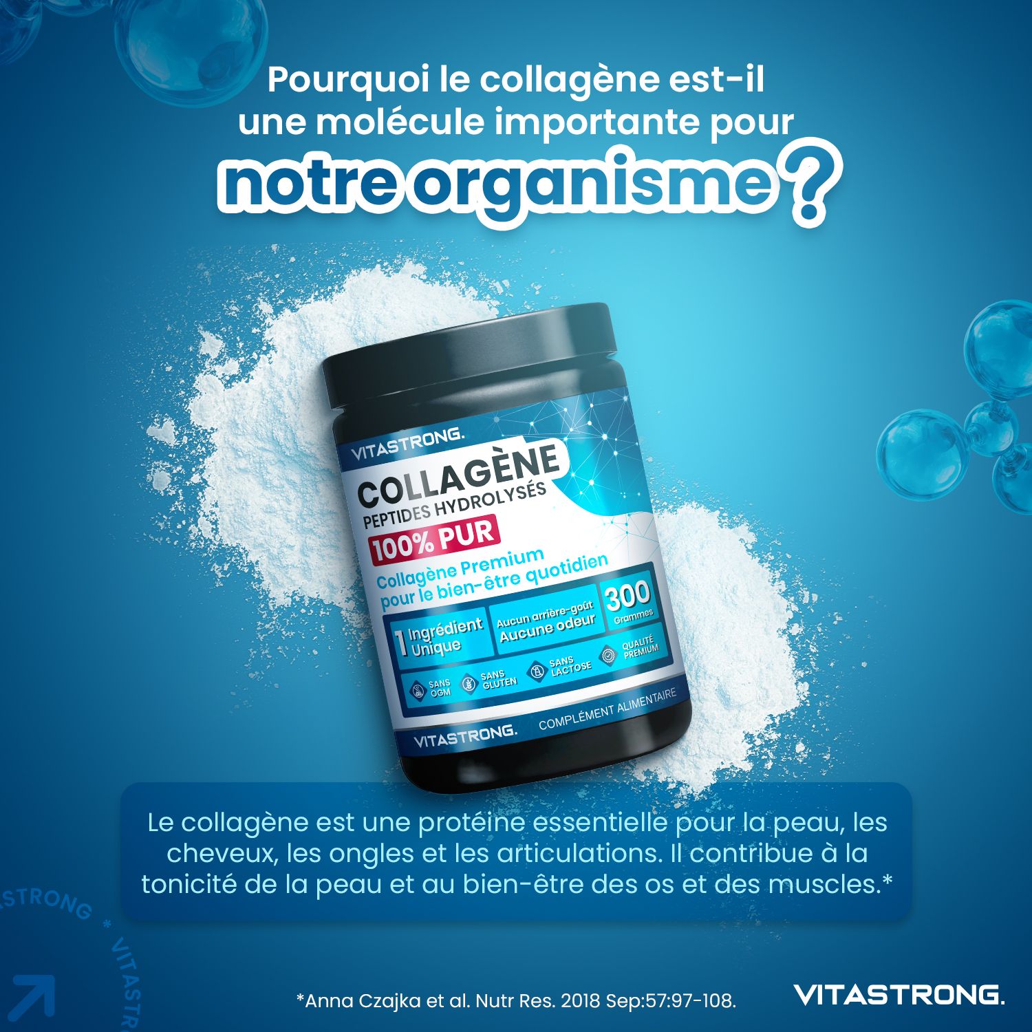 Vitastrong Collageen pot, 300 g. Op wit poeder. Tekst: 100% puur, peptiden, voor dagelijks welzijn.