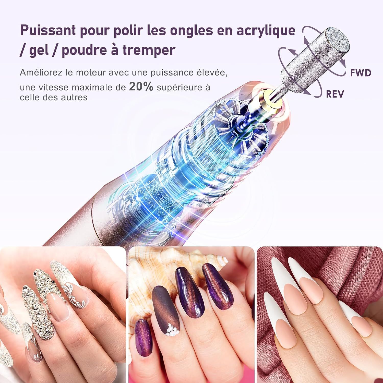 Appareil électrique pour manucure des ongles avec embout. Indique rotation avant et arrière.