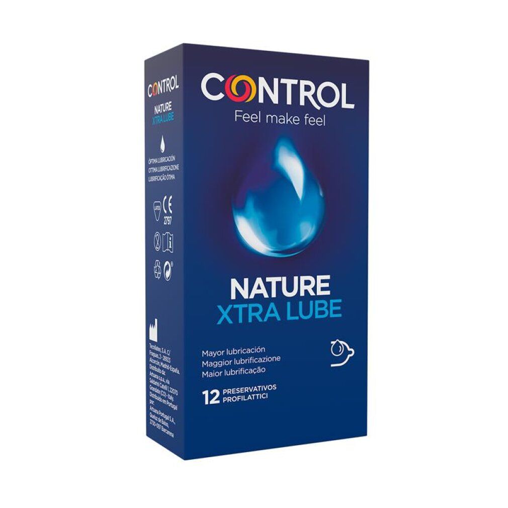 Boîte de préservatifs Control Nature Xtra Lube, 12 unités. Emballage bleu avec symbole de goutte d'eau.