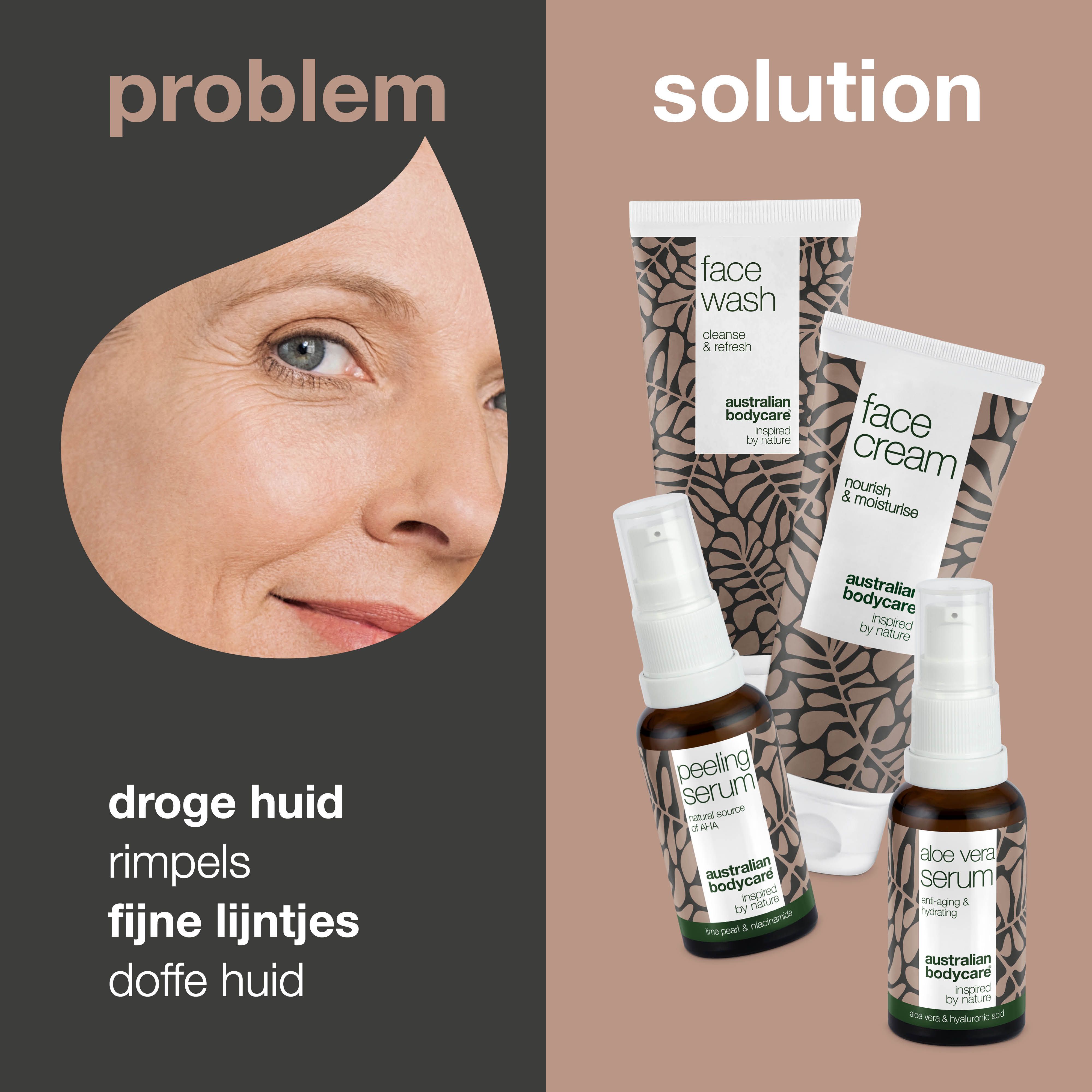 Gezicht van een vrouw met rimpels. Daarnaast producten van Australian Bodycare: Face Wash, Face Cream, Peeling Serum, Aloe Vera Serum.