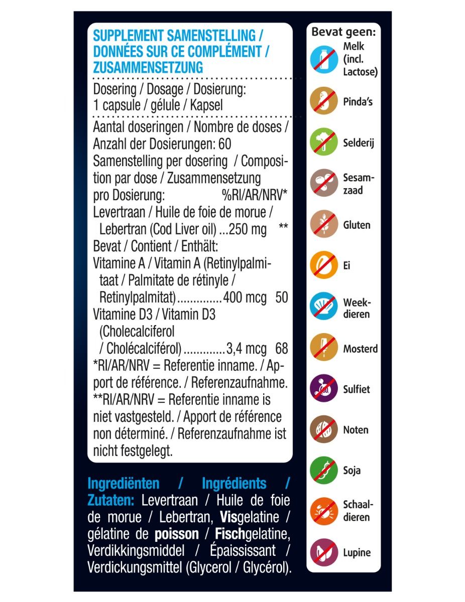 Achterkant verpakking Lucovitaal IJslandse Levertraan. Bevat voedingsinformatie en ingrediëntenlijst. Allergenen.