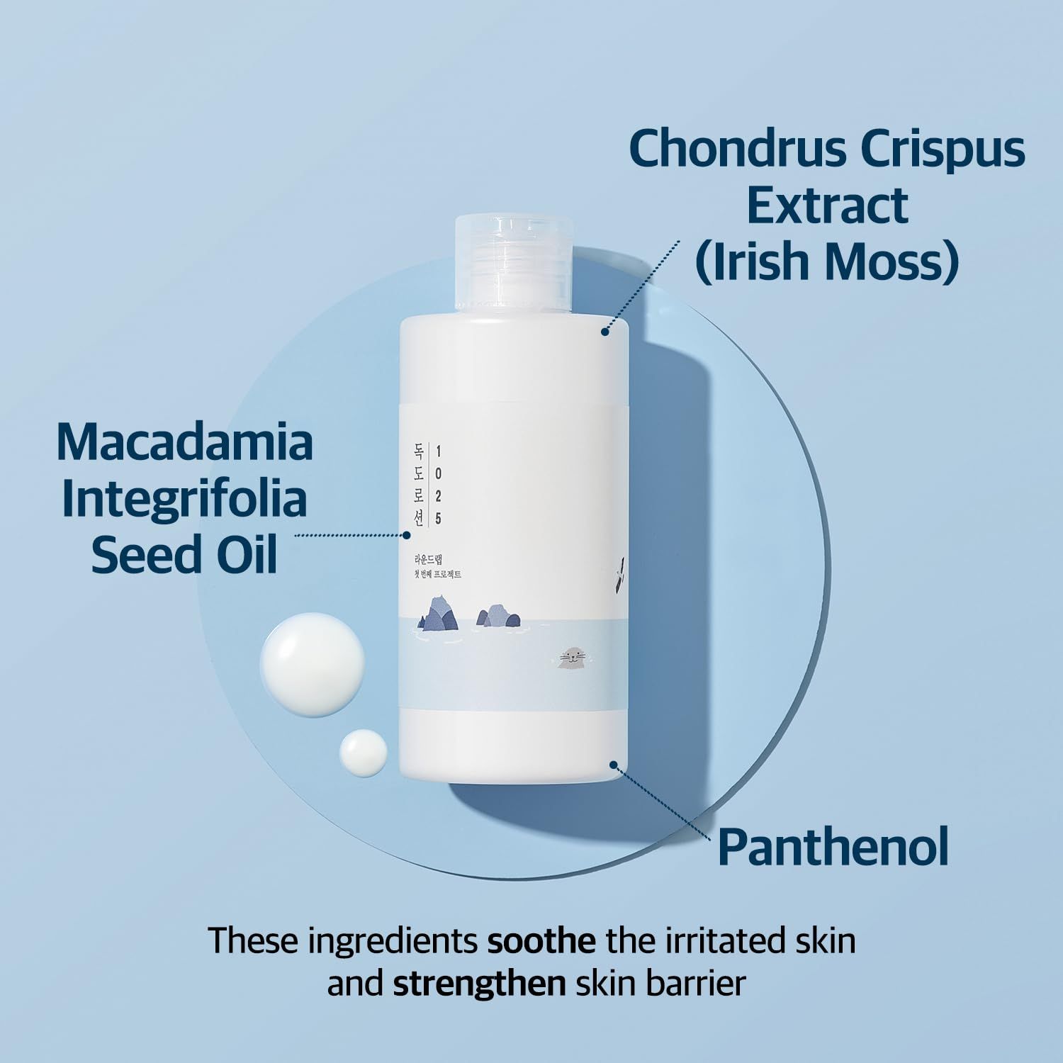 Flacon de lotion blanc avec illustrations d'ingrédients : Chondrus Crispus, huile de macadamia, panthénol.