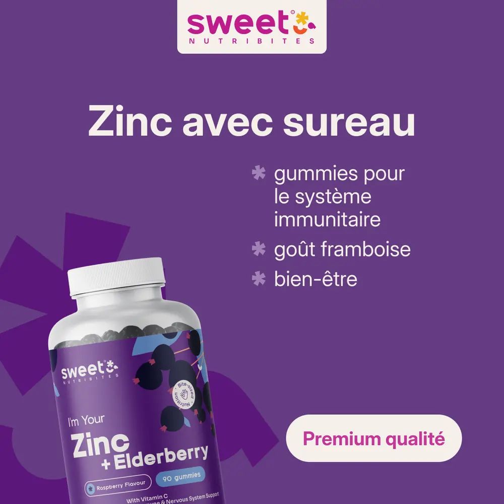 Flacon de gummies Zinc + Sureau. Texte : Zinc avec sureau. Gummies pour le système immunitaire, goût framboise, bien-être. Qualité premium.